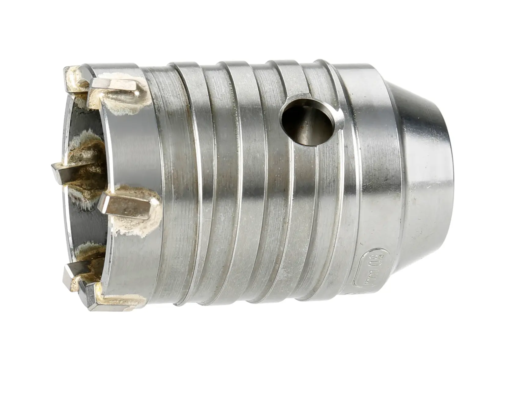 DEWALT DT6745 silver hole saw with carbide teeth for masonry drilling.