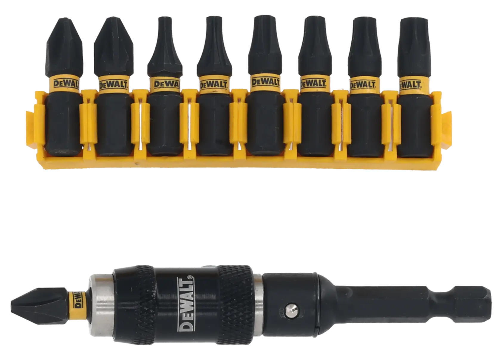 DEWALT screwdriver bit set with holder and magnetic bit holder attachment.