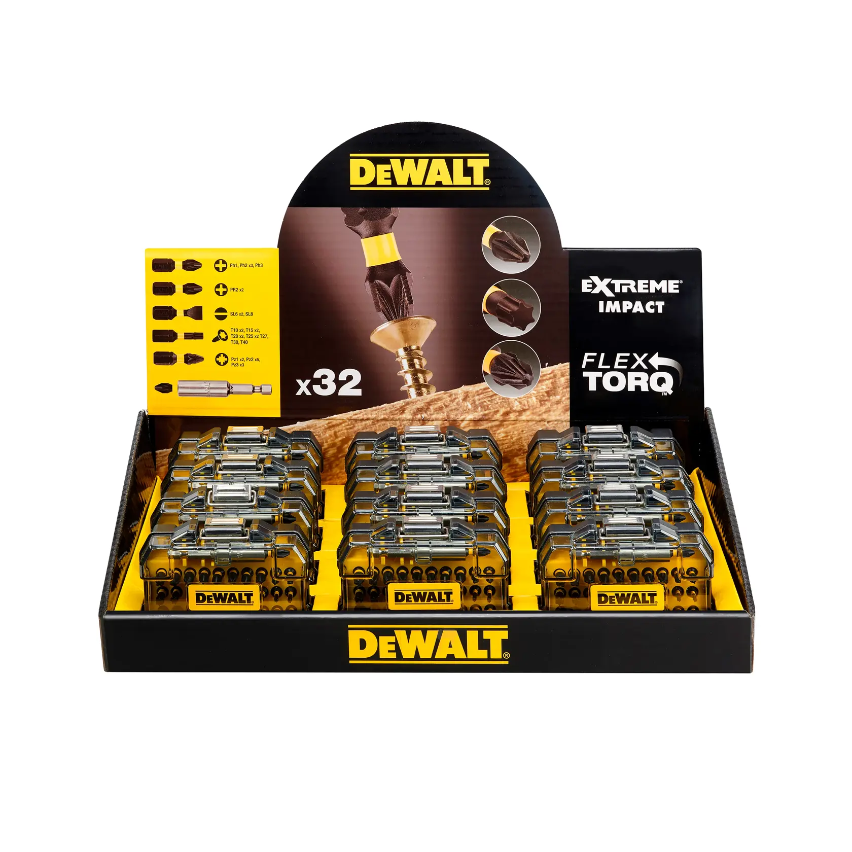 DEWALT Flex Torq 32-piece bit set display box with multiple yellow and black cases.