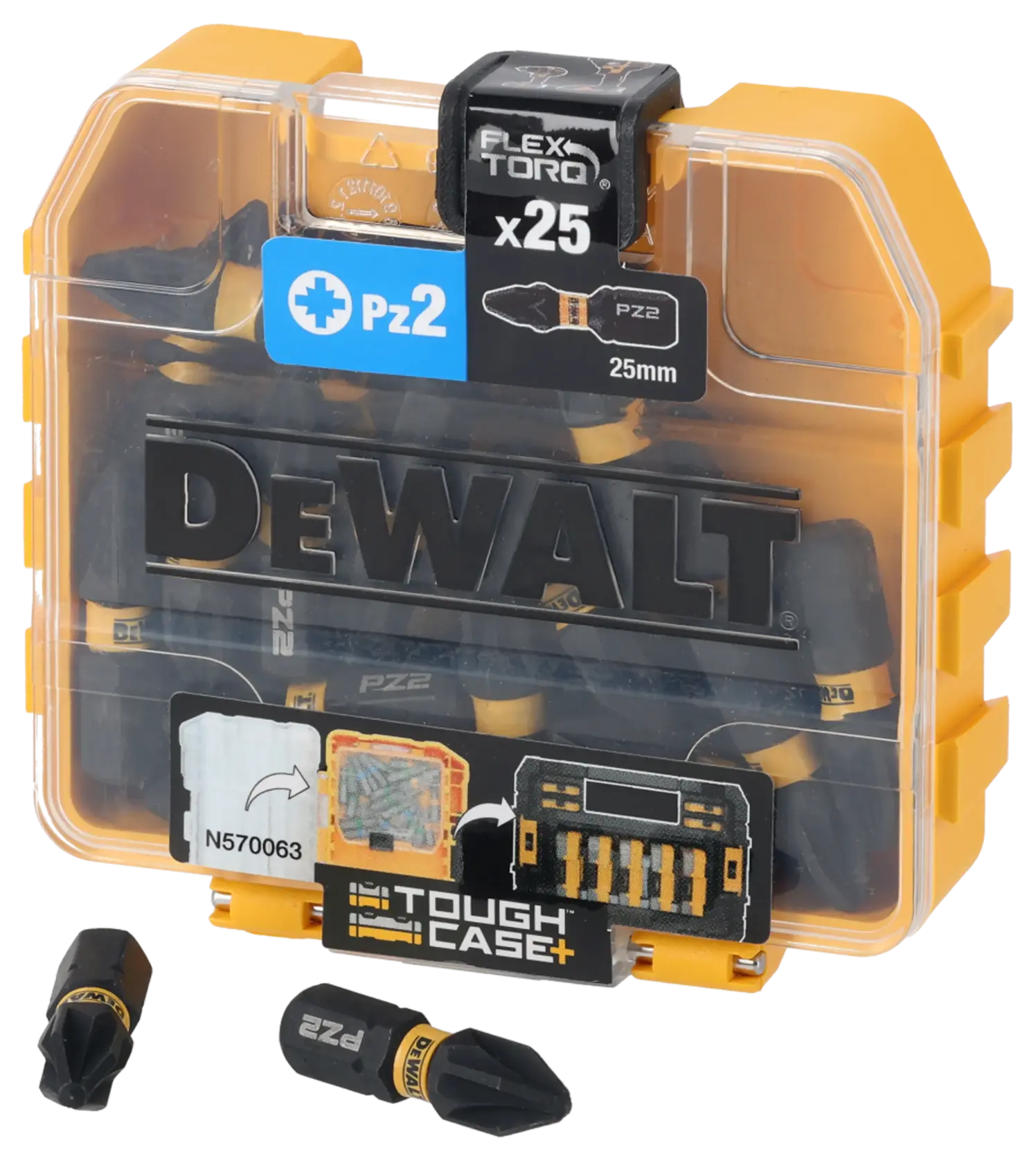 DEWALT DT70556T Tough Case containing 25 PZ2 25mm screwdriver bits, with two bits displayed outside the yellow and clear case.
