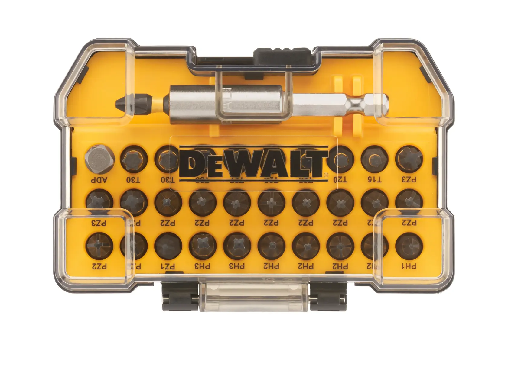 DEWALT DT70560T bit set in a yellow plastic box with transparent lid, showing assorted screwdriver bits.