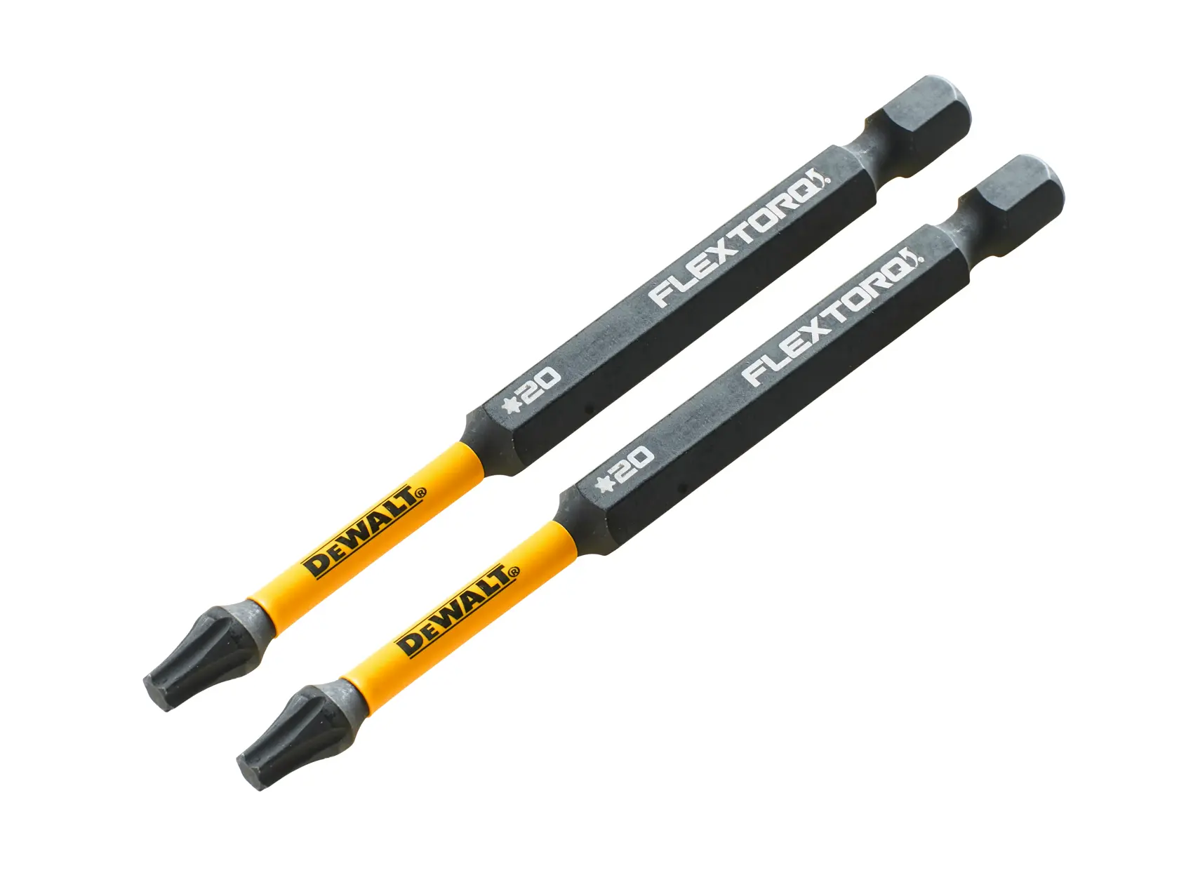 Two DEWALT FLEXTORQ screwdriver bits with black and yellow design, shown side by side on a white background.