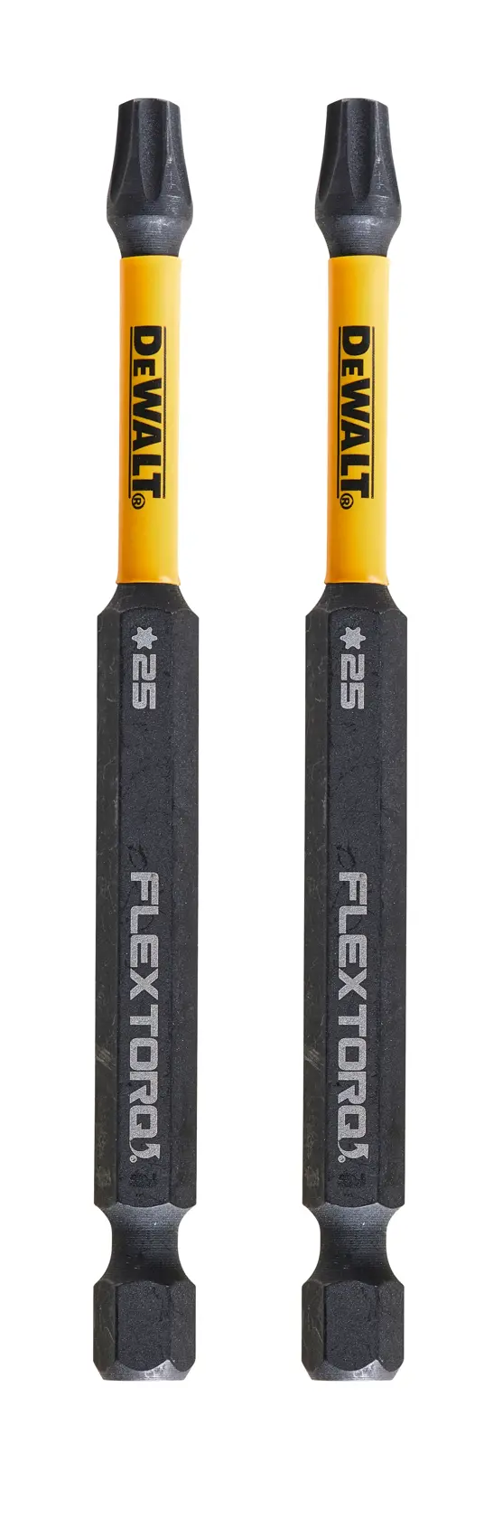 Two DEWALT FlexTorq screwdriver bits with yellow shafts and black tips, size #25, shown vertically.