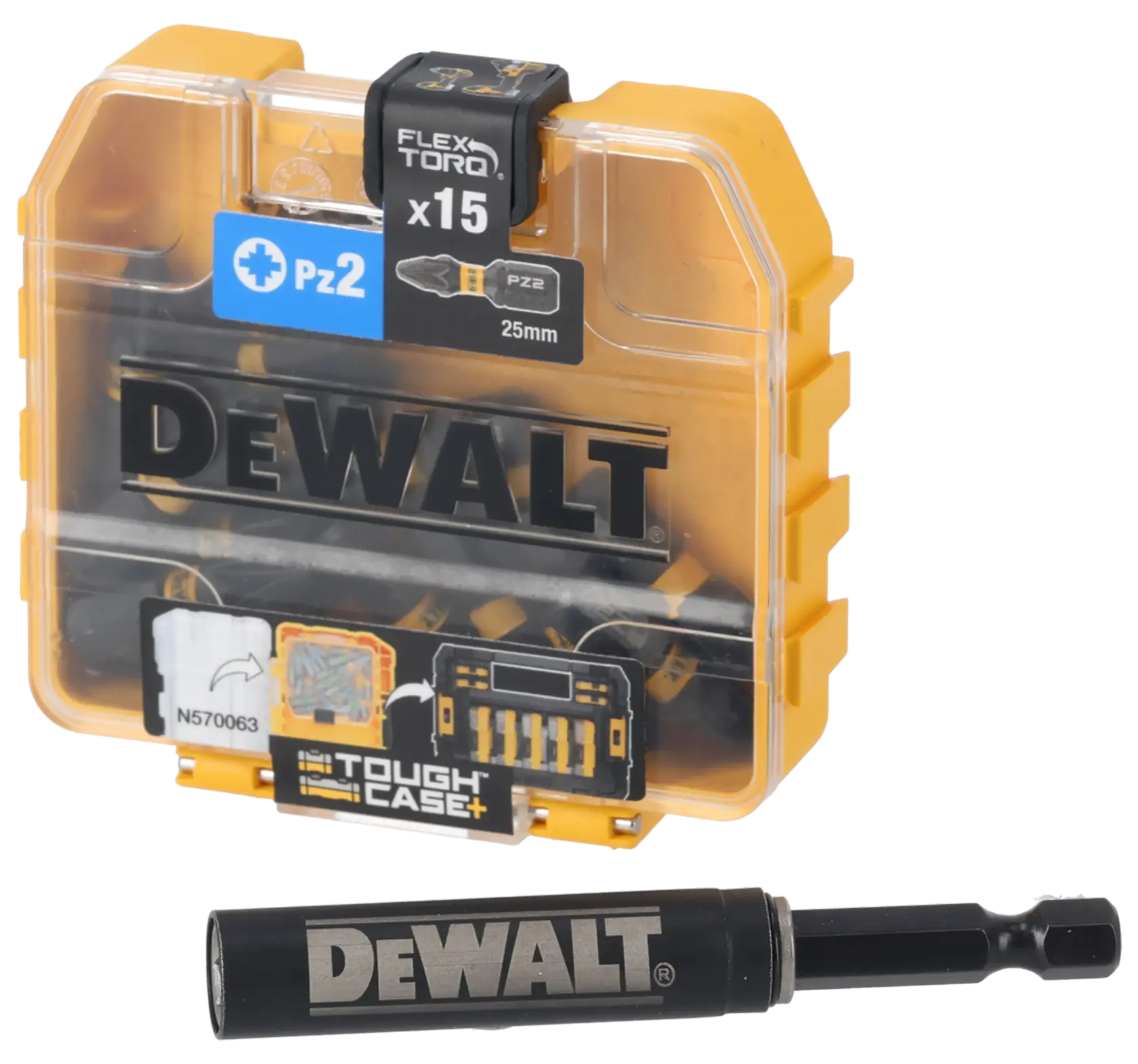 A DEWALT ToughCase+ containing 15 PZ2 25mm screwdriver bits, shown with a FlexTorq bit holder in front. The case is yellow and transparent, displaying the DEWALT logo prominently.