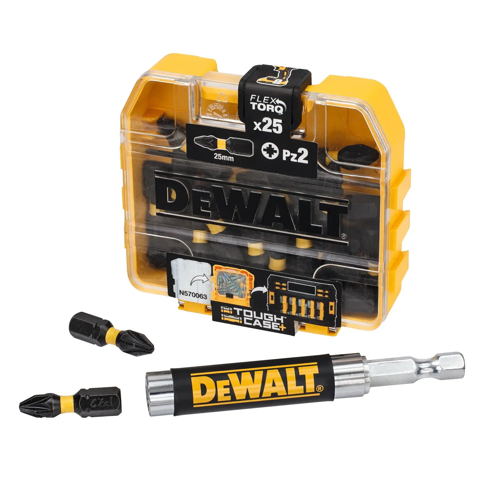 DEWALT drill bit set in yellow case, includes multiple bits and adapter for screwdrivers.