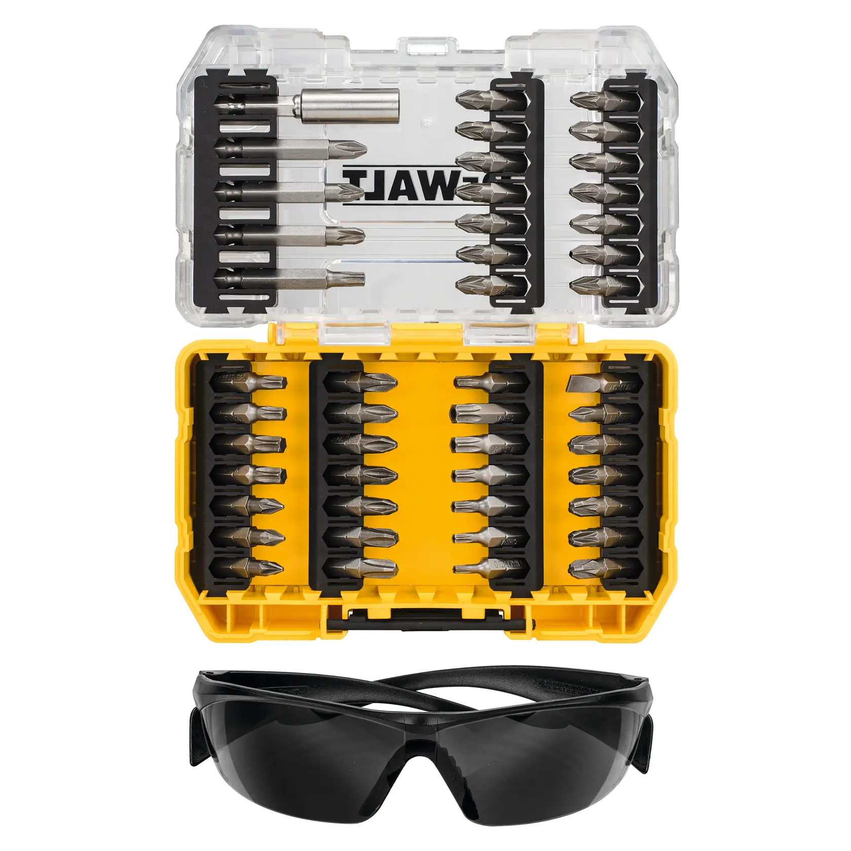 DEWALT bit set in a yellow case with clear lid, shown with black safety glasses below.