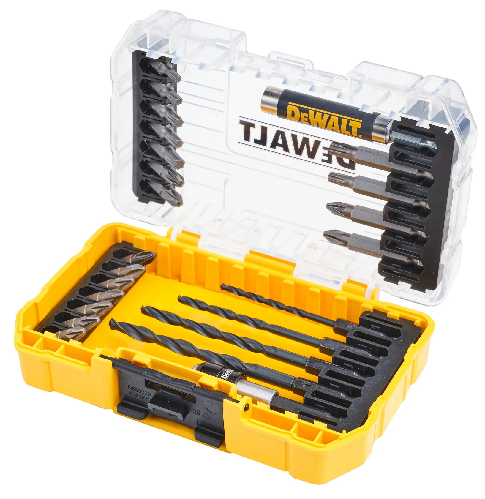 DEWALT DT70708 yellow case with assorted drill bits and screwdriver bits for various tasks.