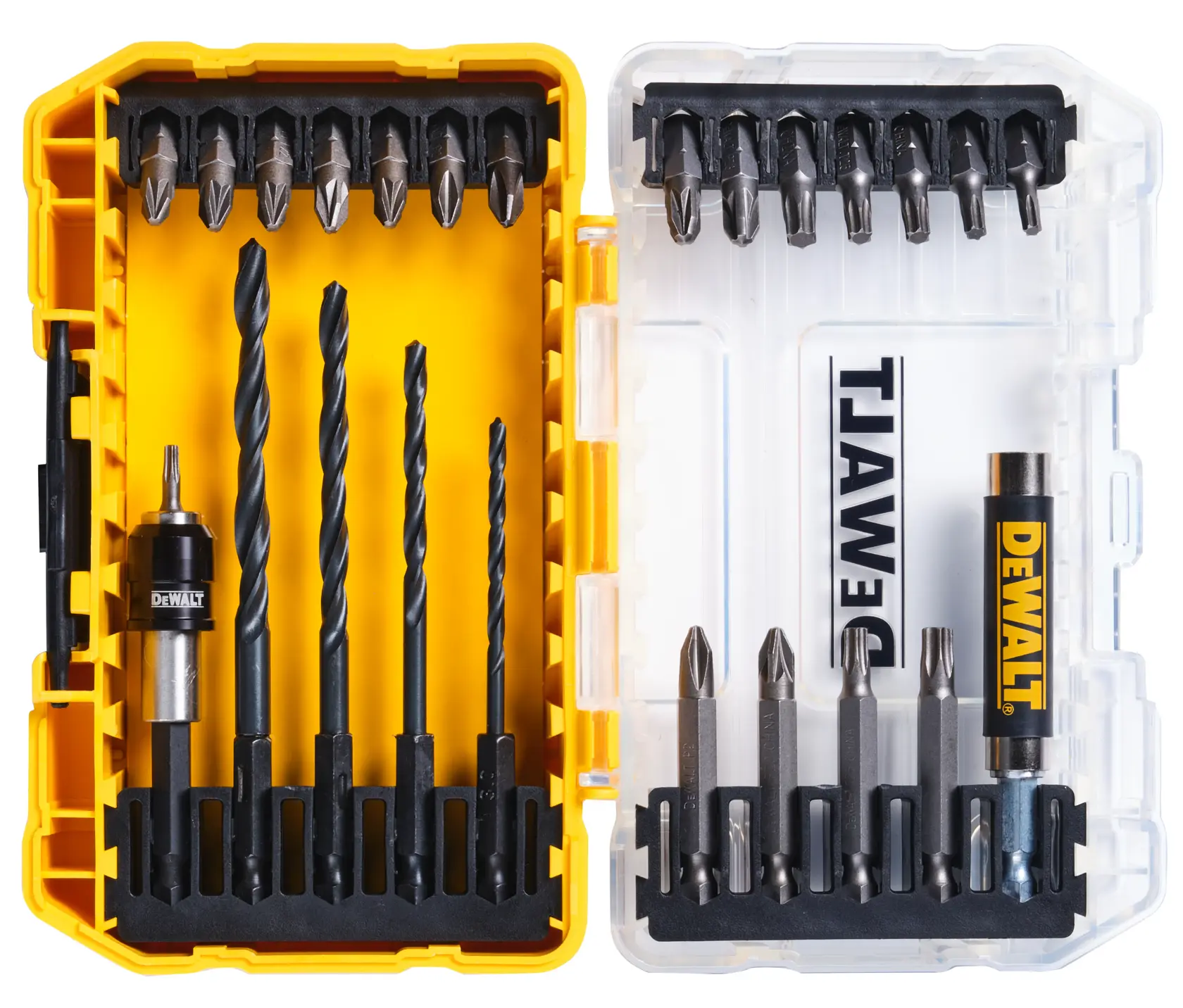 DEWALT DT70708 drill and screwdriver bit set in a yellow and clear plastic storage case.