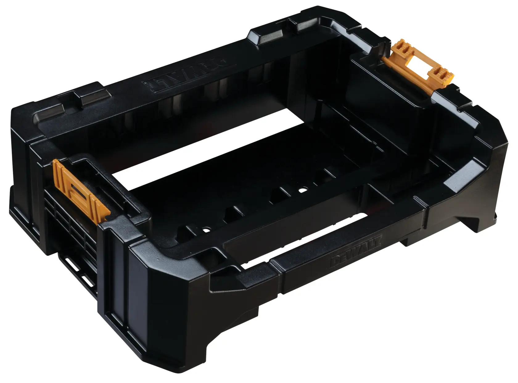 Bandeja de almacenamiento DEWALT DT70716 negra con clips naranjas para organizar herramientas.