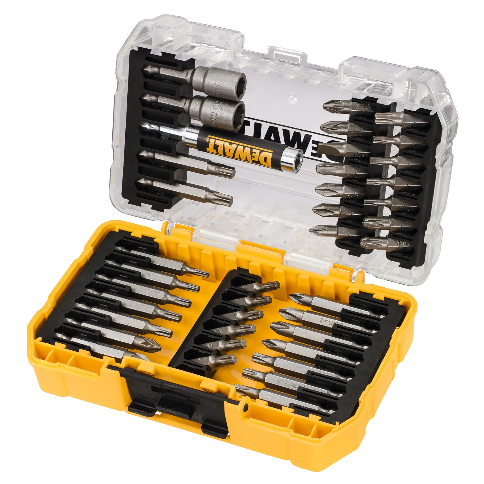 DEWALT DT70717 gelber Koffer mit verschiedenen Schrauberbits und Stecknüssen, ordentlich angeordnet.