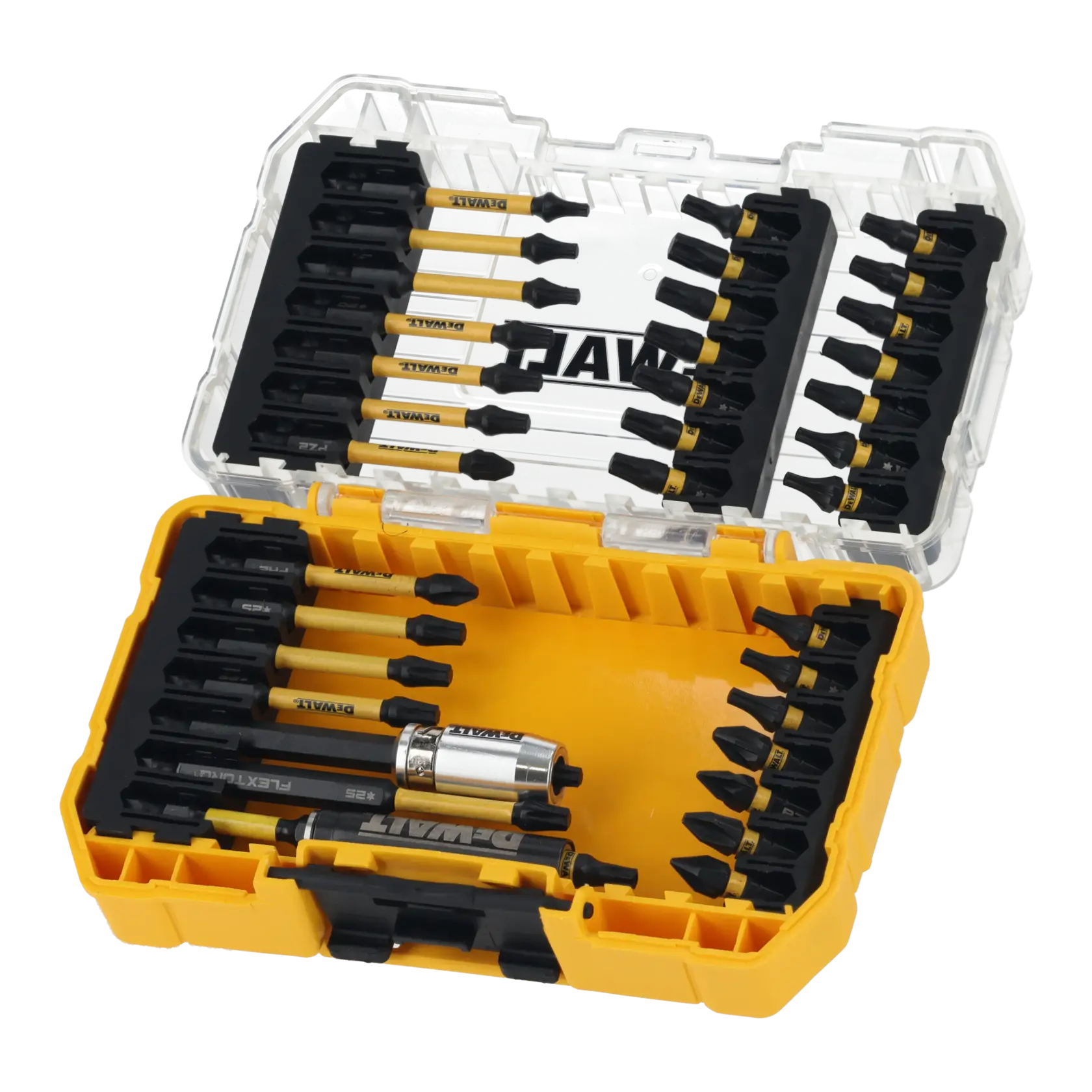 DEWALT yellow case with assorted screwdriver bits and holder, neatly organized for tool storage and transport.