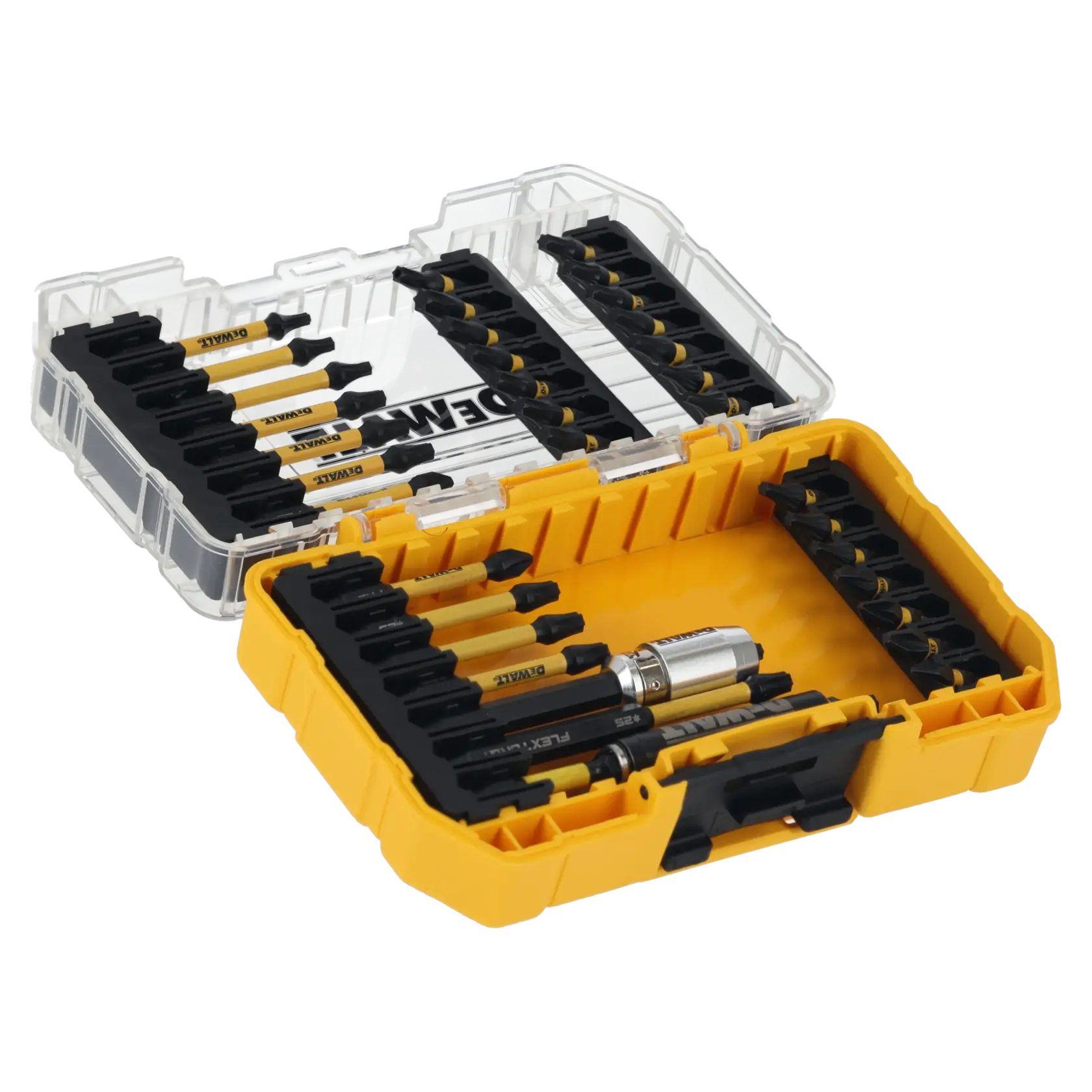 Yellow DEWALT case with assorted screwdriver bits and accessories, clear lid, organized in compartments.