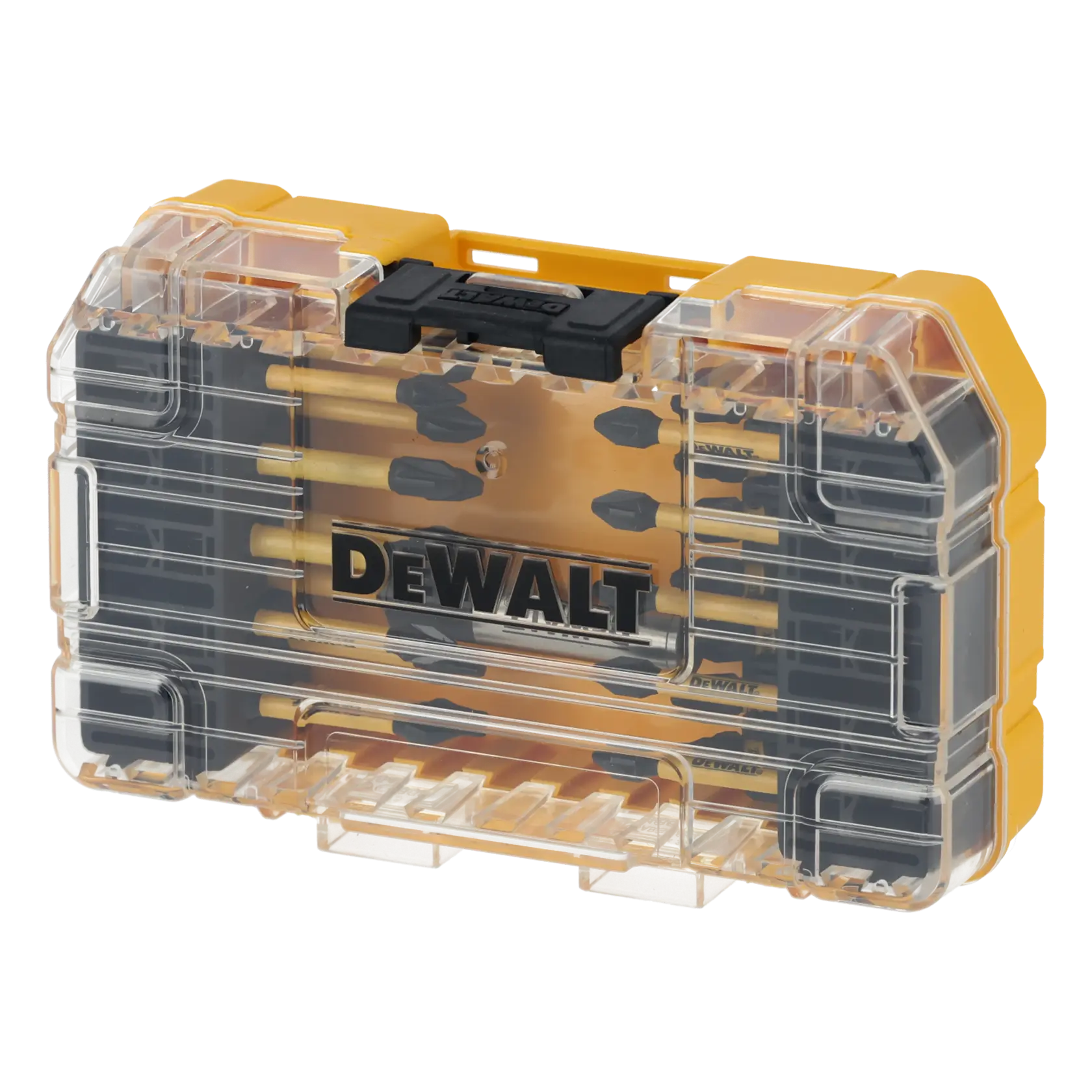 DEWALT DT70737T drill bit set in a transparent yellow case with black latch, bits visible inside.