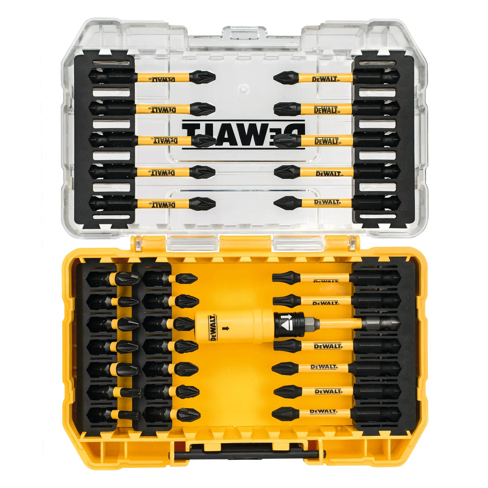 DEWALT yellow and black screwdriver bit set in a plastic case, shown open with various bits organized inside.