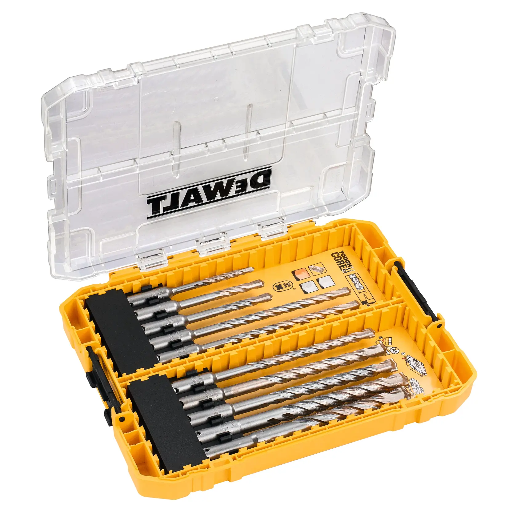 Set de brocas DEWALT amarillo en caja transparente, con varias brocas de metal para tareas de perforación.