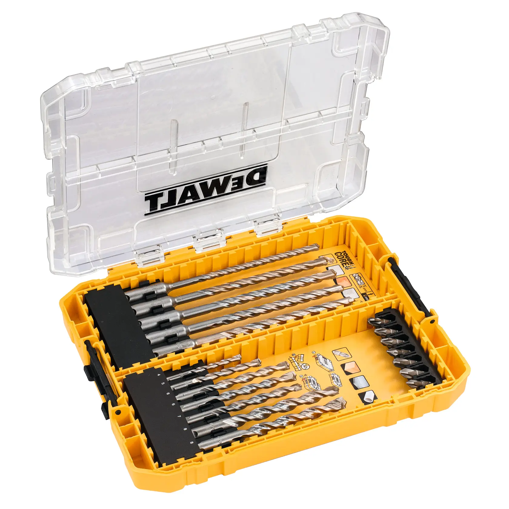 A yellow DEWALT plastic case containing a set of various drill bits, shown with the lid open. The case has a transparent lid and several compartments with drill bits organized neatly inside.