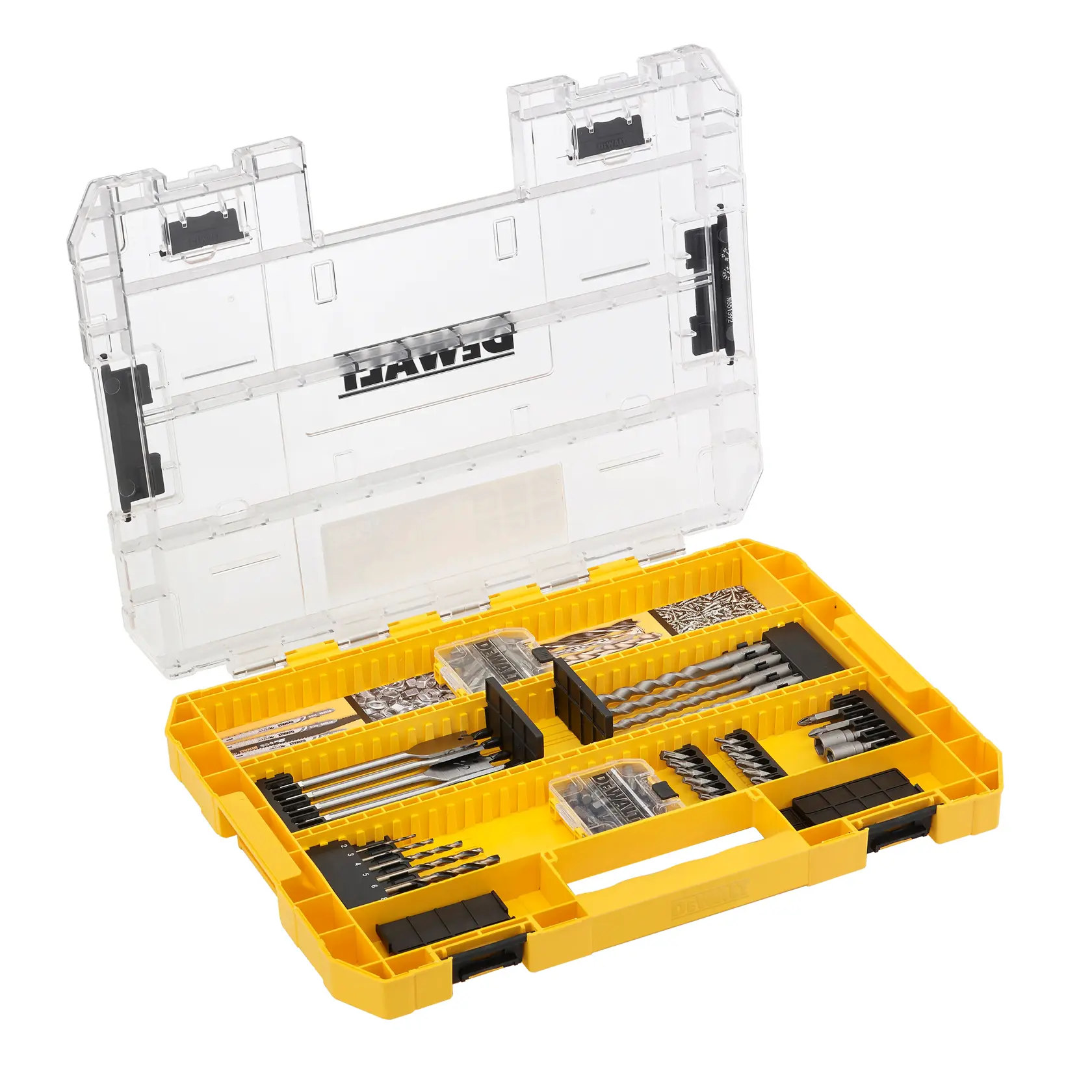 DEWALT yellow case with drill bits and accessories organized inside, clear lid open, for tool storage and transport.