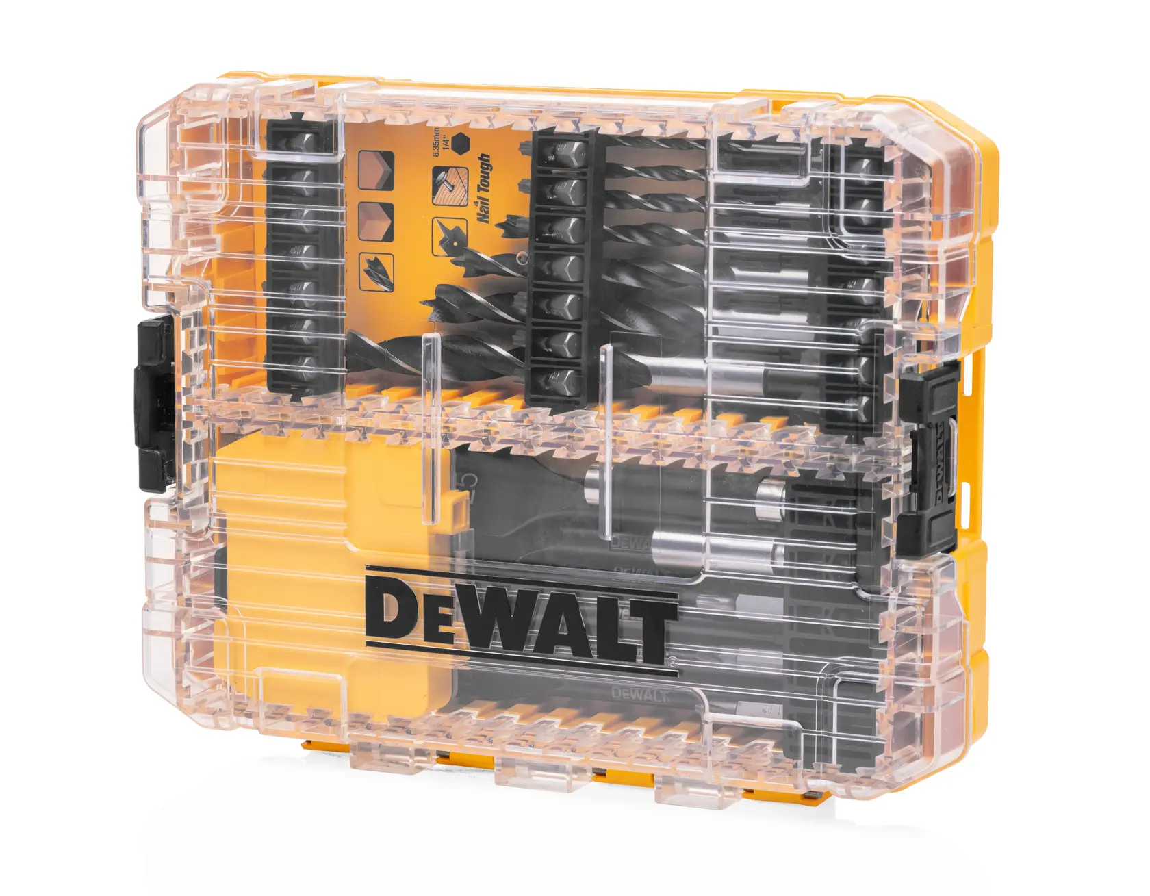 DEWALT drill bit set in a transparent yellow plastic case with organized compartments and visible bits.