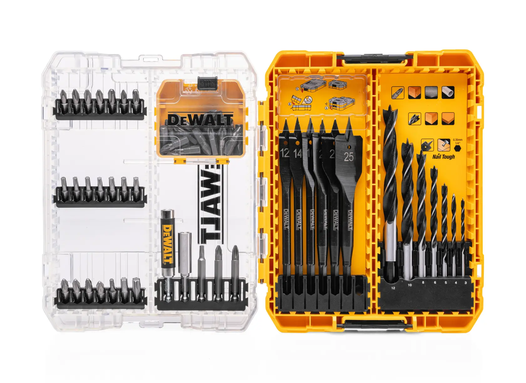 DEWALT DT70768 set with drill bits and screwdriver bits in a yellow and transparent storage case.