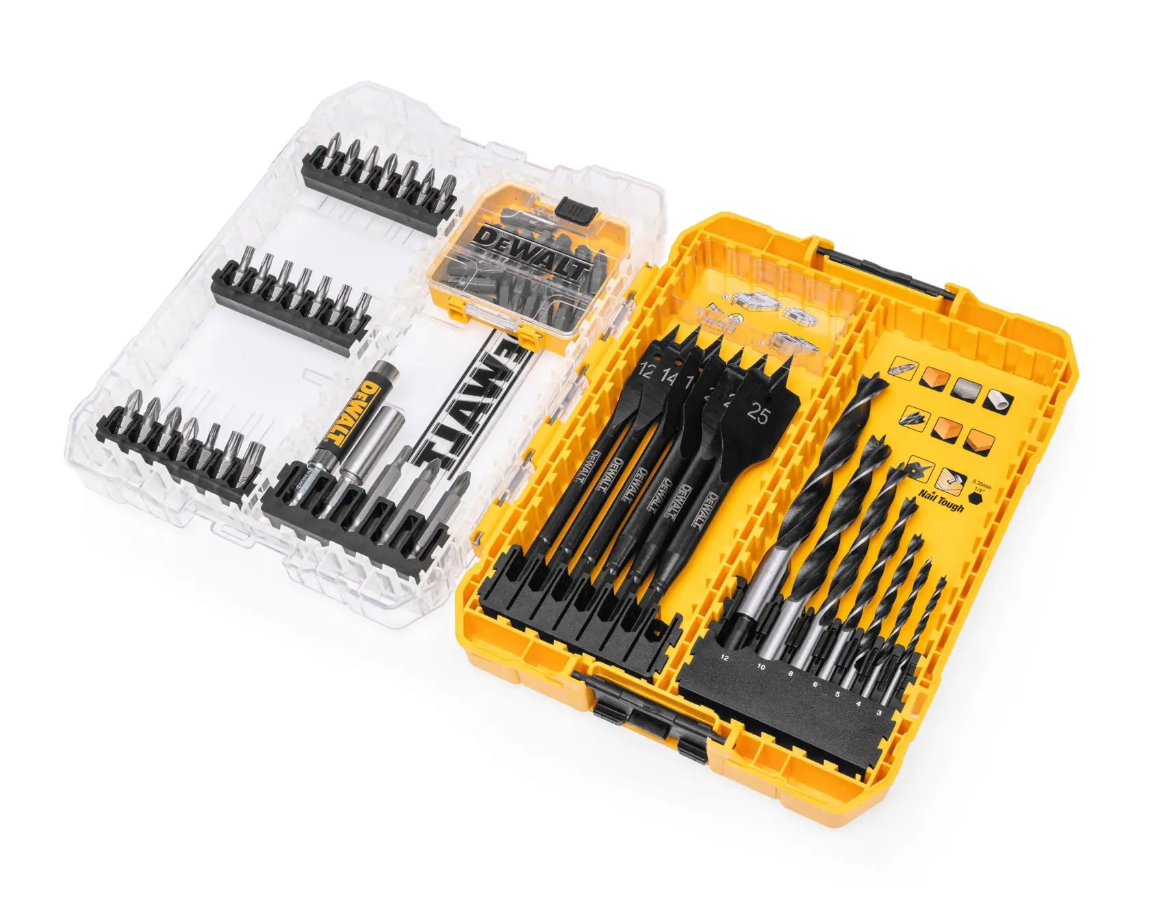 DEWALT DT70768 drill and bit set in yellow case, with assorted bits and accessories, organized for easy access.