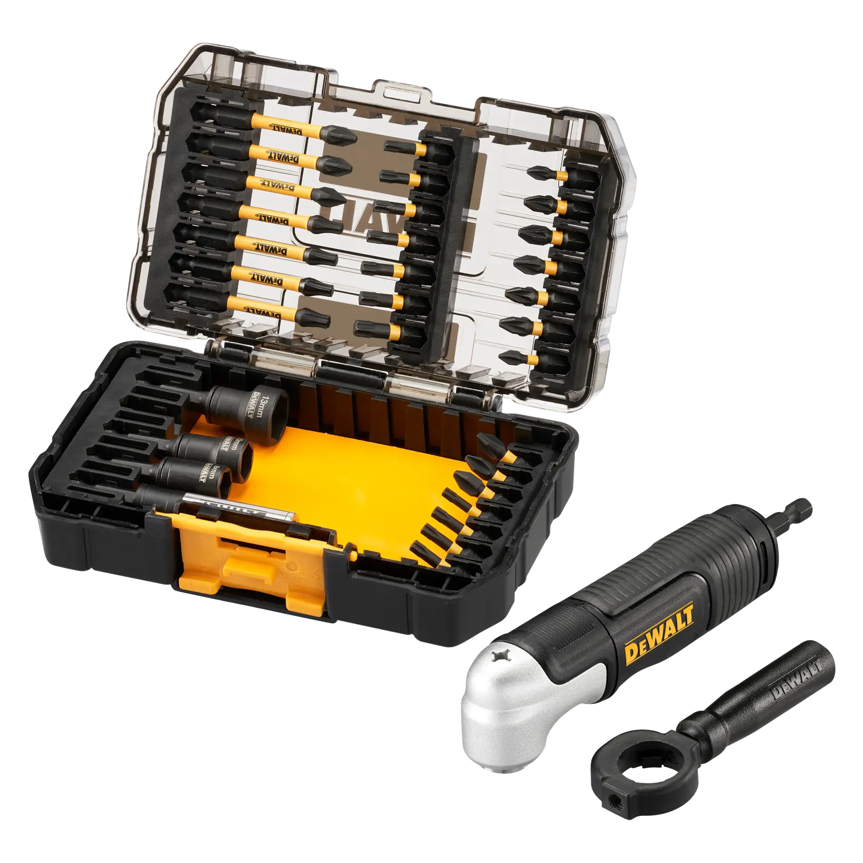 DEWALT DT70782 Bit-Set mit Aufbewahrungskoffer, Winkelaufsatz und Zubehör zum Bohren und Schrauben.