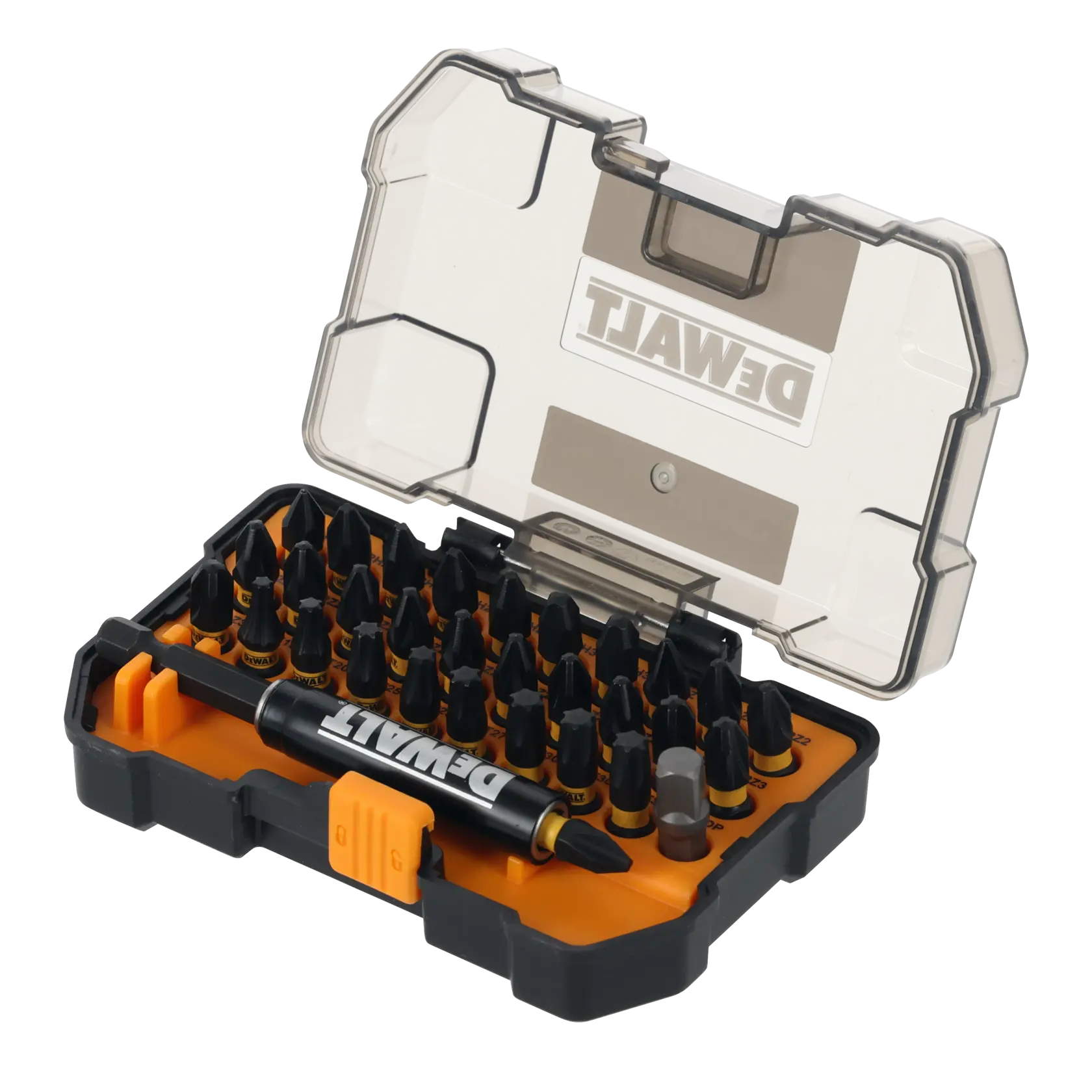 Set de puntas DEWALT en caja, SKUs DT70900T, DT70900T-QZ, con varias puntas y portapuntas.