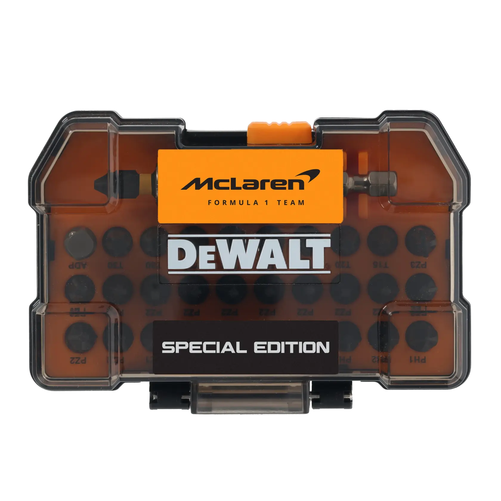 DEWALT McLaren special edition bit set in orange and black case, labeled Formula 1 Team on the front.