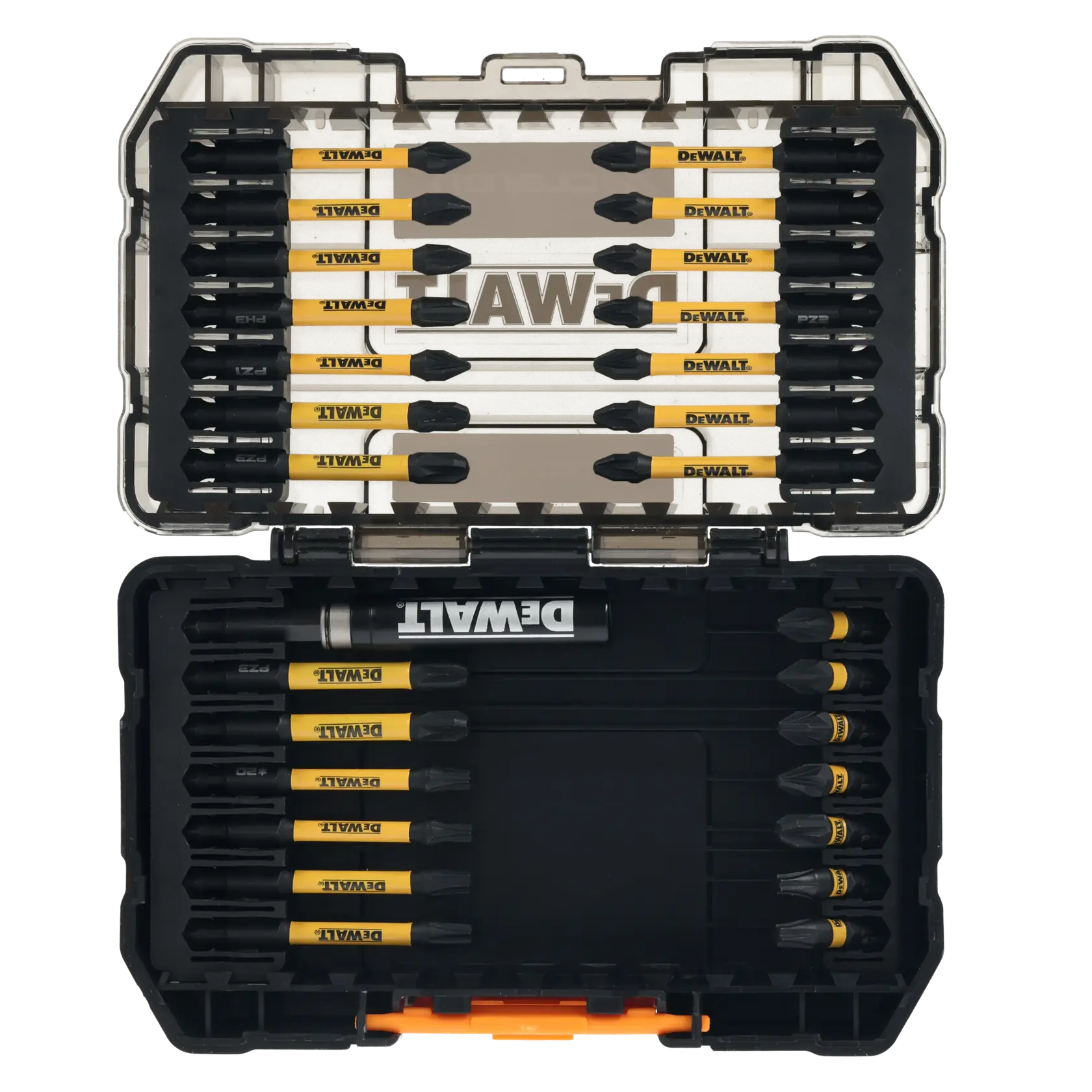 DEWALT DT70902T, DT70902T-QZ en estuche rígido con varios bits de destornillador organizados.