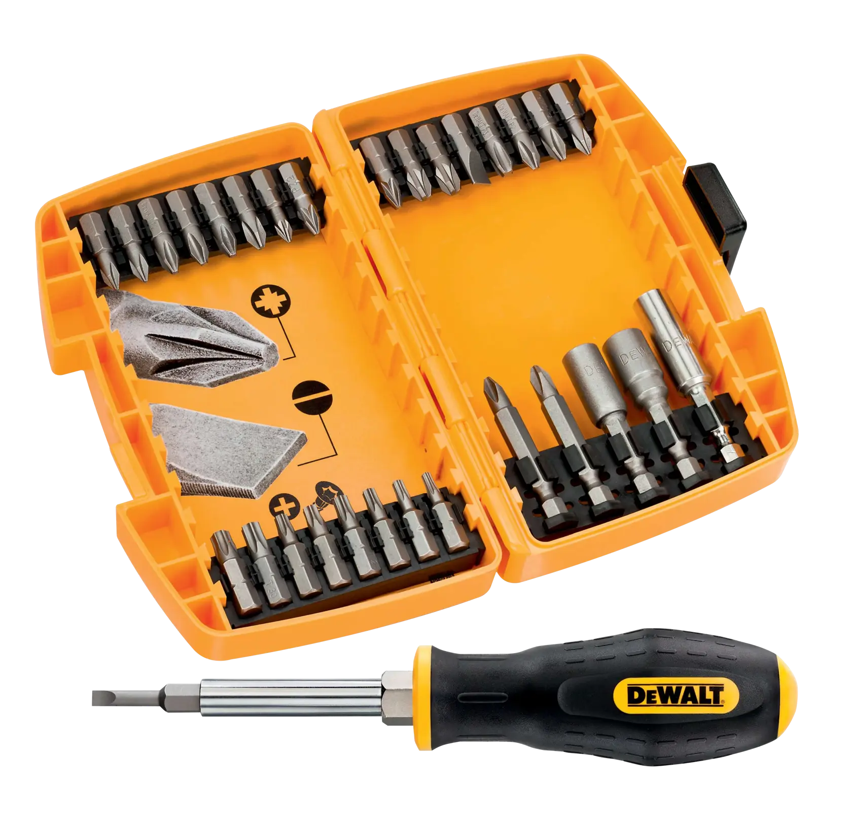 DEWALT screwdriver and bit set with orange case, showing various bits and tools for fastening and repair.