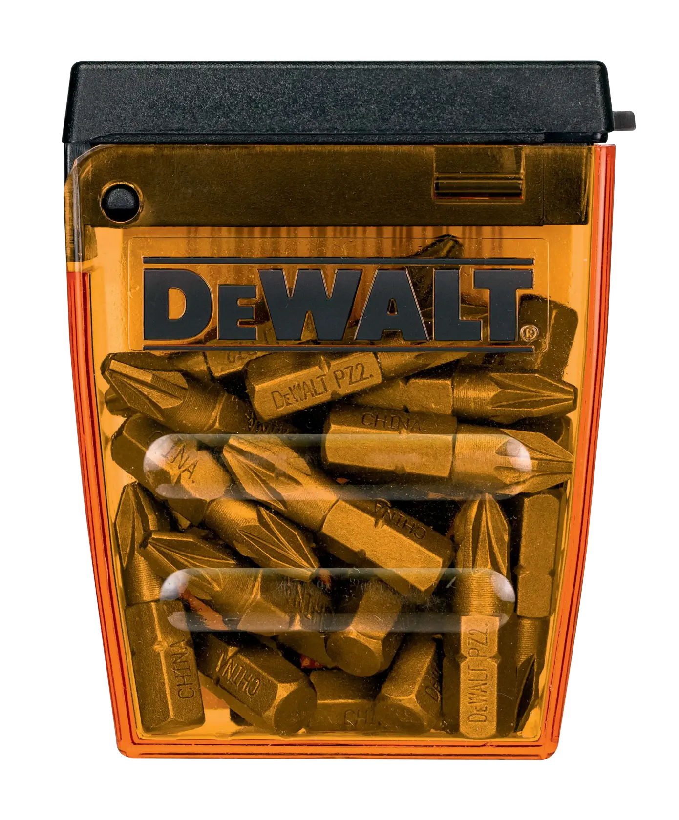 DEWALT screwdriver bit set in transparent orange and black plastic case.
