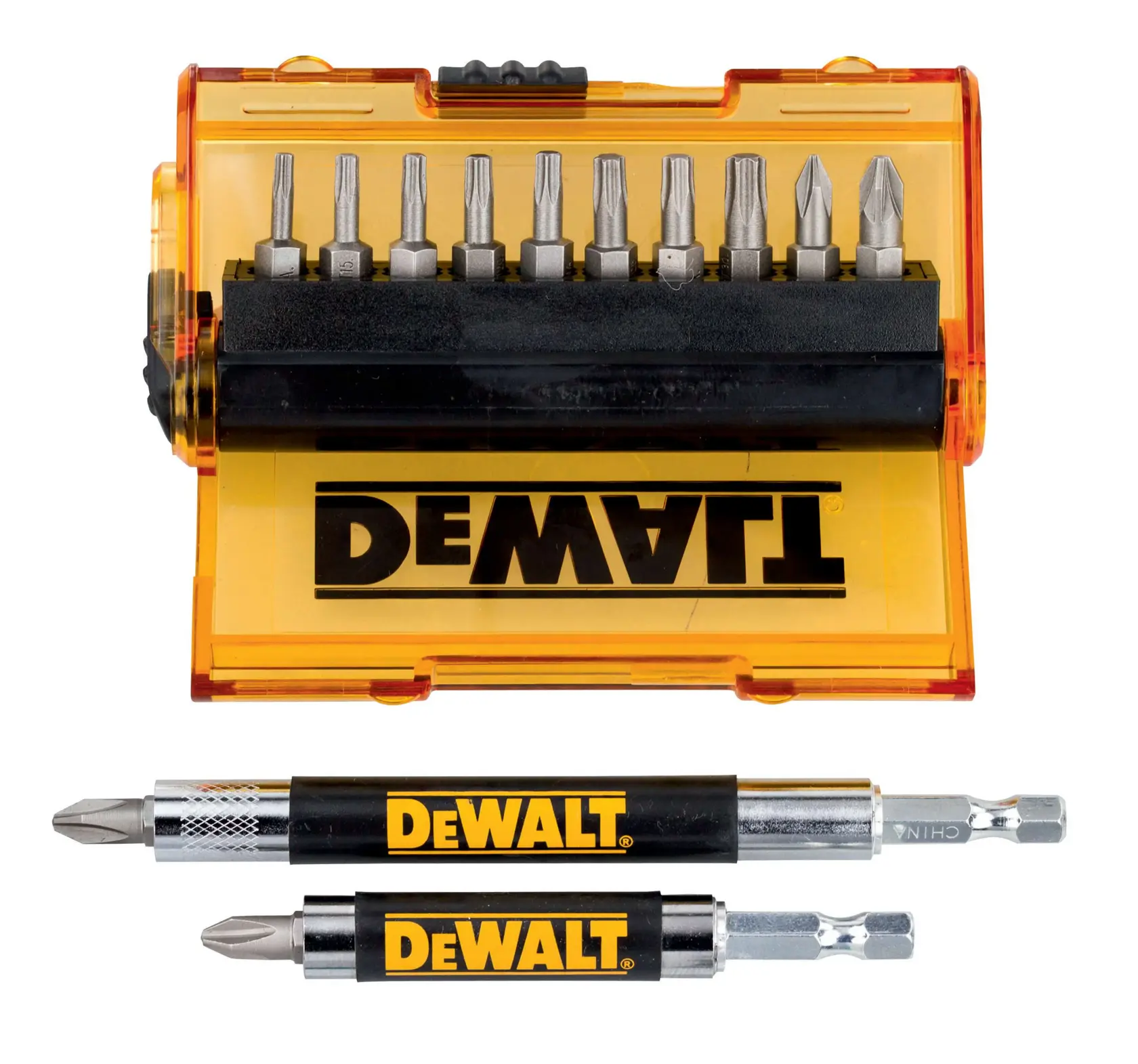DEWALT DT71570 set with yellow case, screwdriver bits and two bit holders, all branded with DEWALT logo.