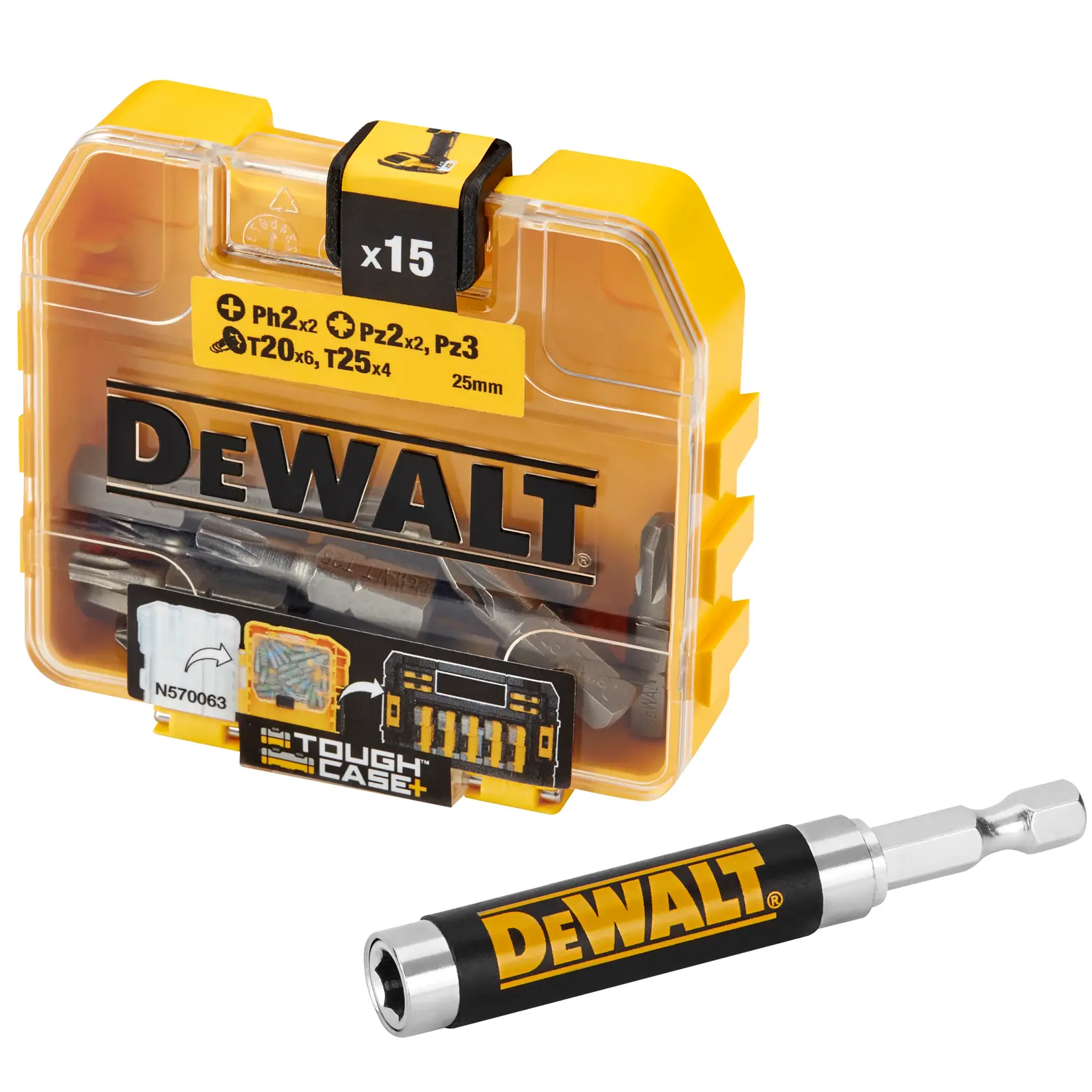 DEWALT bit set in yellow case with 15 pieces and magnetic bit holder, model DT71573.
