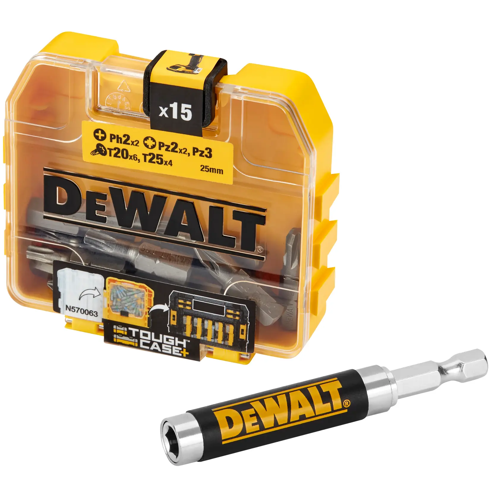DEWALT bit set in a yellow case with 15 pieces, includes a bit holder, assorted screwdriver bits visible.