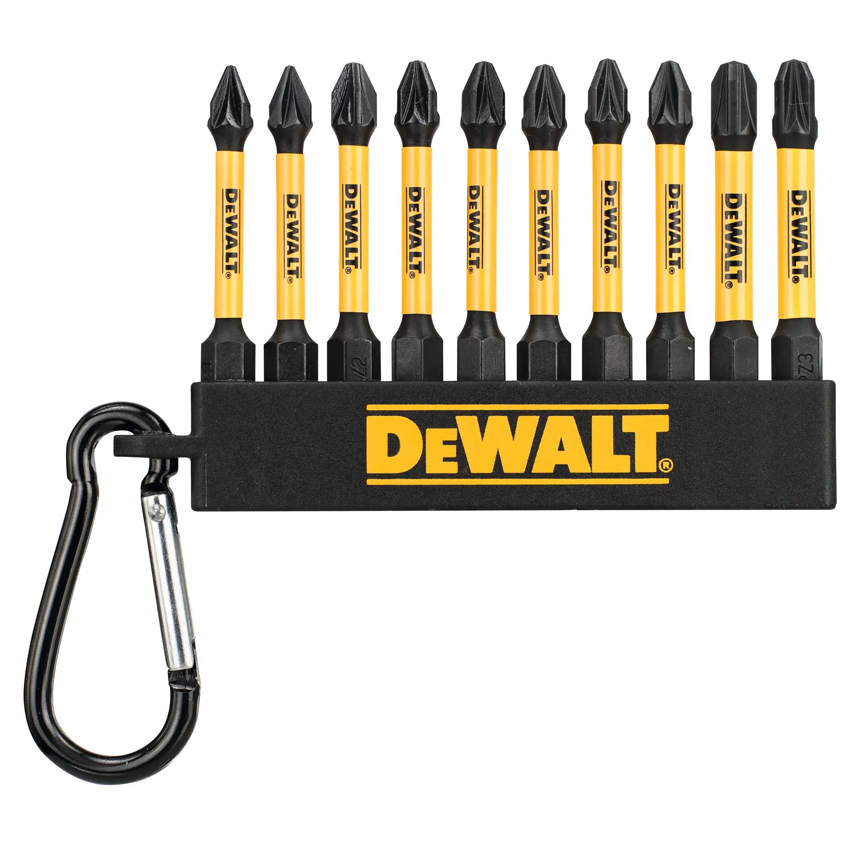 Set DEWALT de diez puntas de destornillador amarillas y negras en soporte con mosquetón.