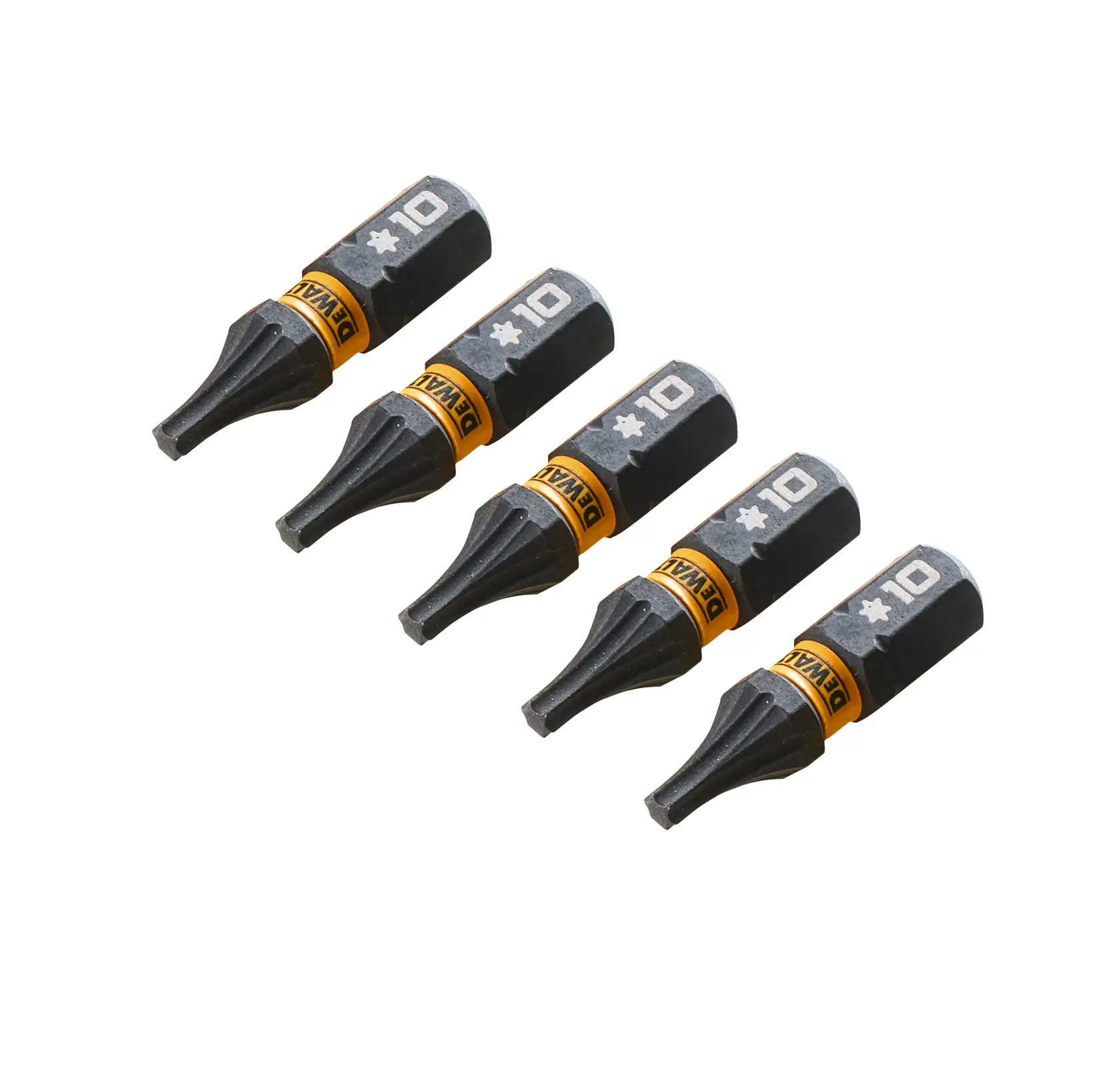 Cinco puntas Torx DEWALT negras con marca amarilla, alineadas sobre fondo blanco.