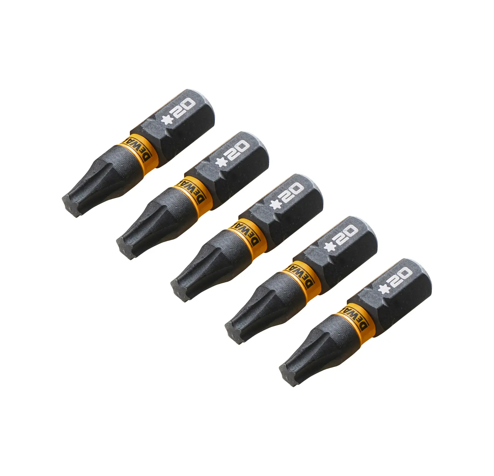 Cinco puntas Torx T20 DEWALT alineadas sobre fondo blanco.