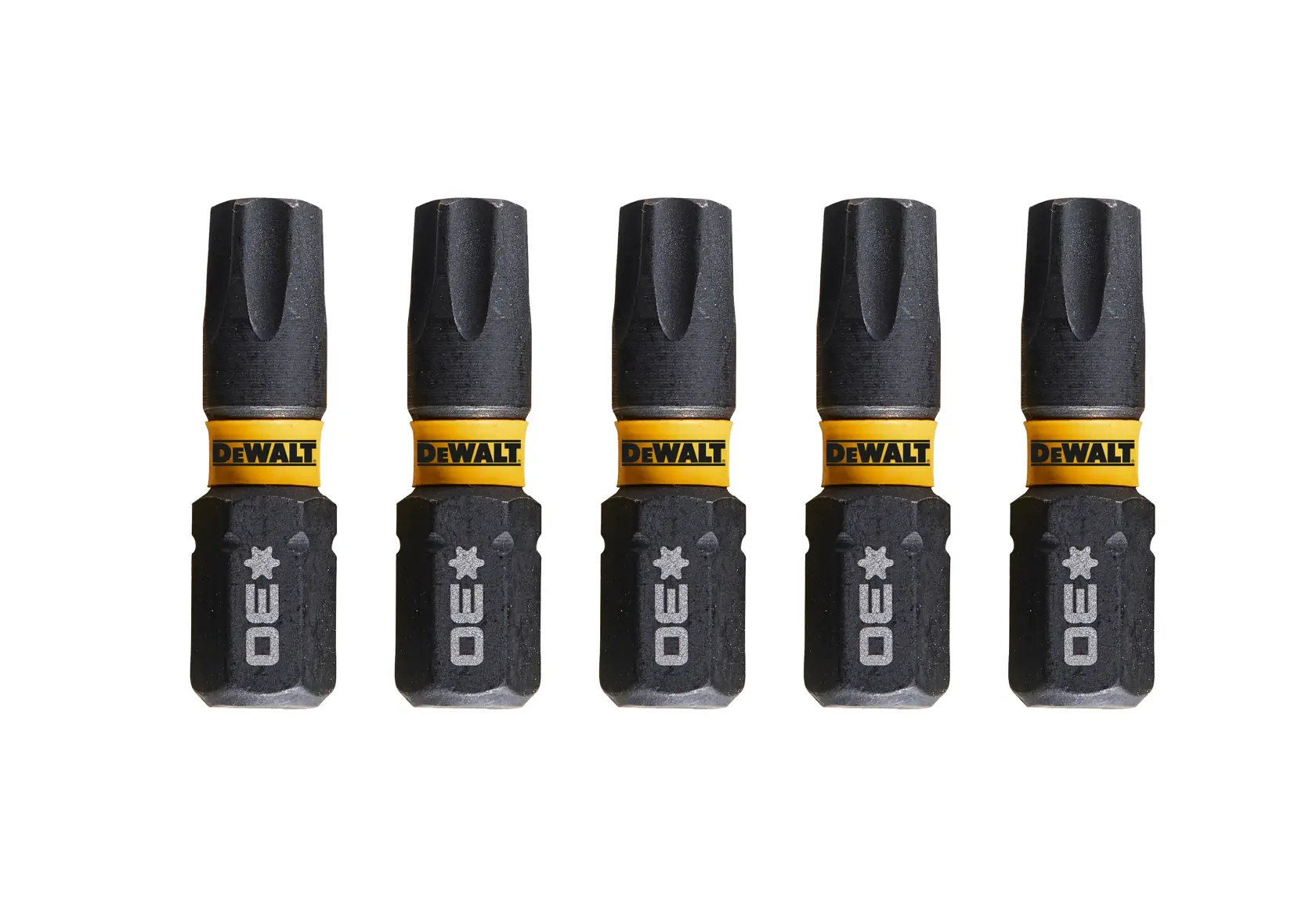 Cinco puntas de destornillador DEWALT negras y amarillas en fila, útiles para distintos trabajos.