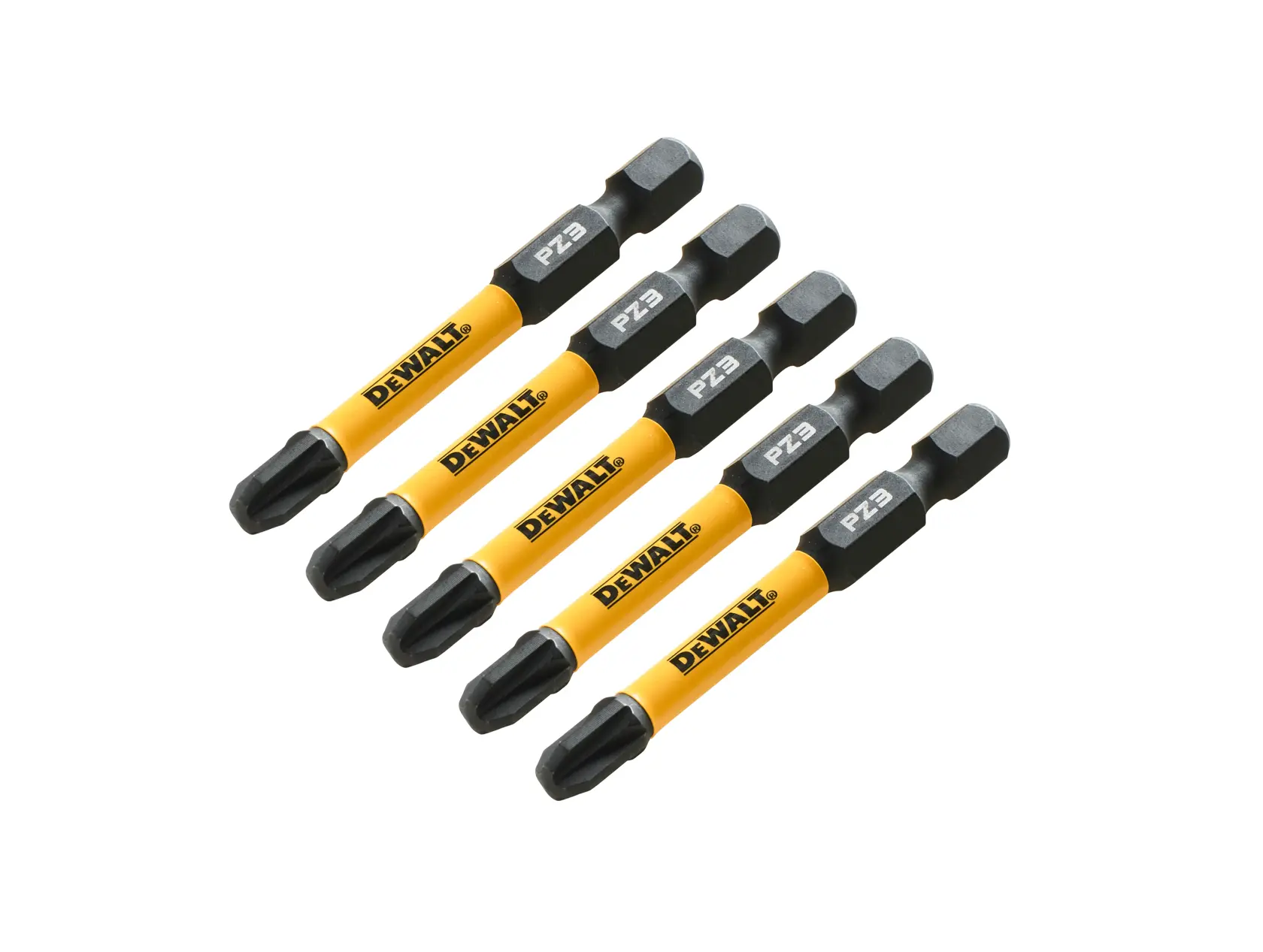 Cinco puntas para destornillador DEWALT PZ3 amarillas alineadas sobre fondo blanco.