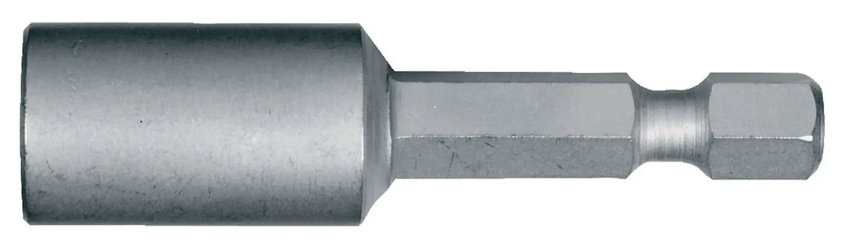 Hexagonal metallic nut driver for power tools, shown against a white background.