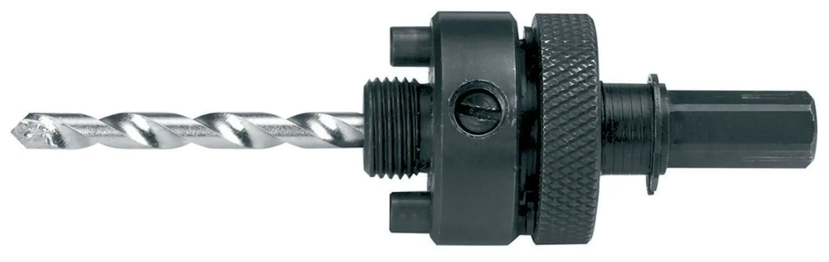 DEWALT DT8282 hole saw arbor with pilot drill bit for power tools, shown on a white background.