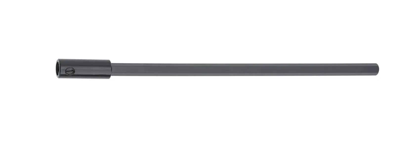 A long, straight, gray drill extension rod with a hexagonal shaft and connector end, shown on a white background.