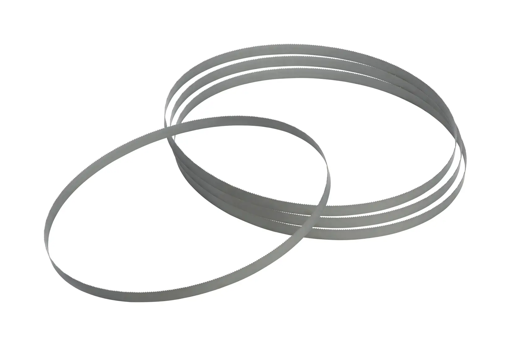 Set of silver DEWALT bandsaw blades arranged in overlapping loops on a white background.
