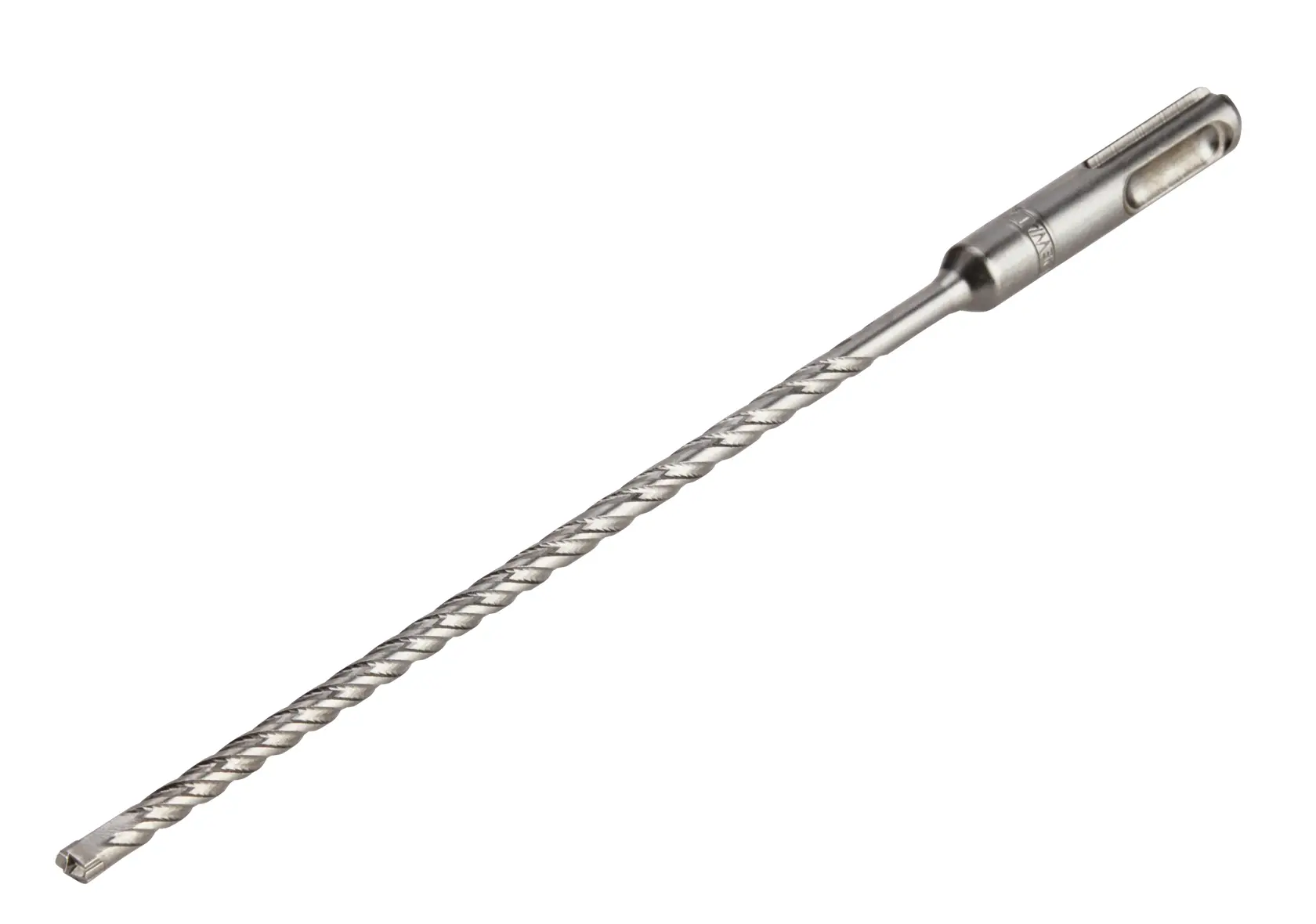 Una broca para mampostería DEWALT DT8910 larga y estrecha con canal helicoidal y vástago SDS-plus, fotografiada sobre fondo blanco.