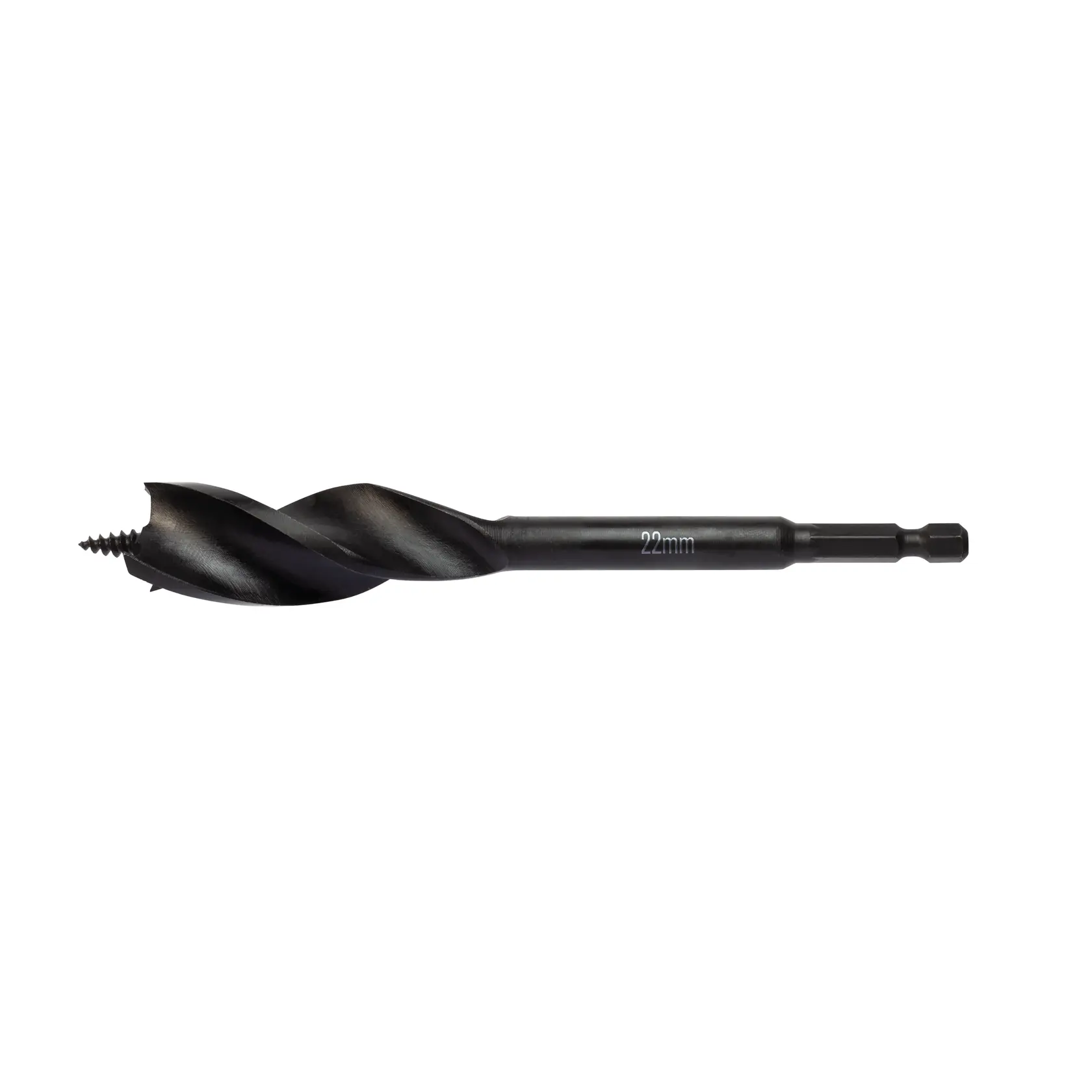 Black DEWALT 22mm hex shank wood drill bit with spiral design and screw tip.
