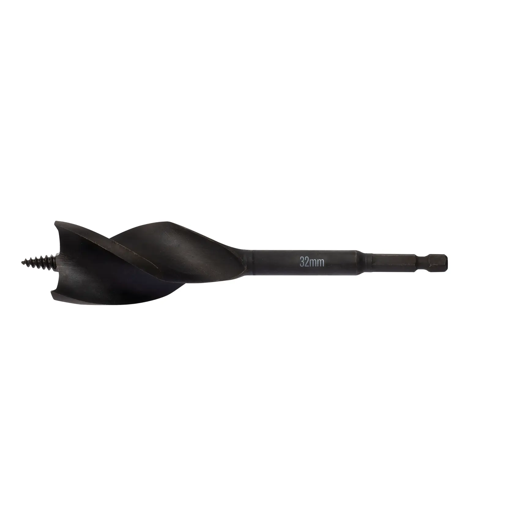 DEWALT 32mm auger drill bit with hex shank for woodworking applications on white background.