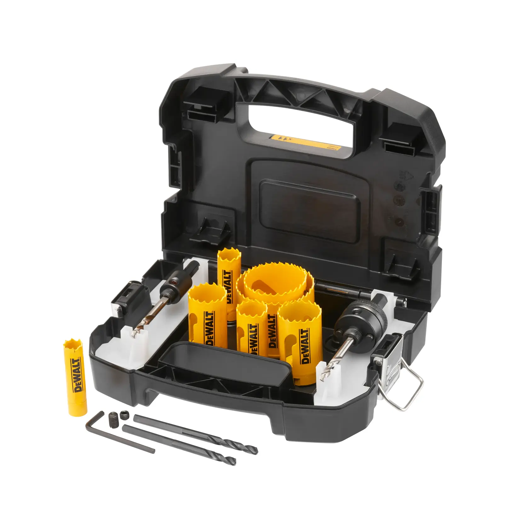 DEWALT hole saw kit in a black case with yellow saws and accessories for cutting holes in materials.