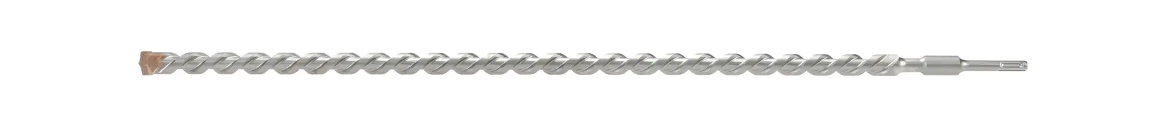 Long, silver DEWALT drill bit with spiral design, shown horizontally on white background.