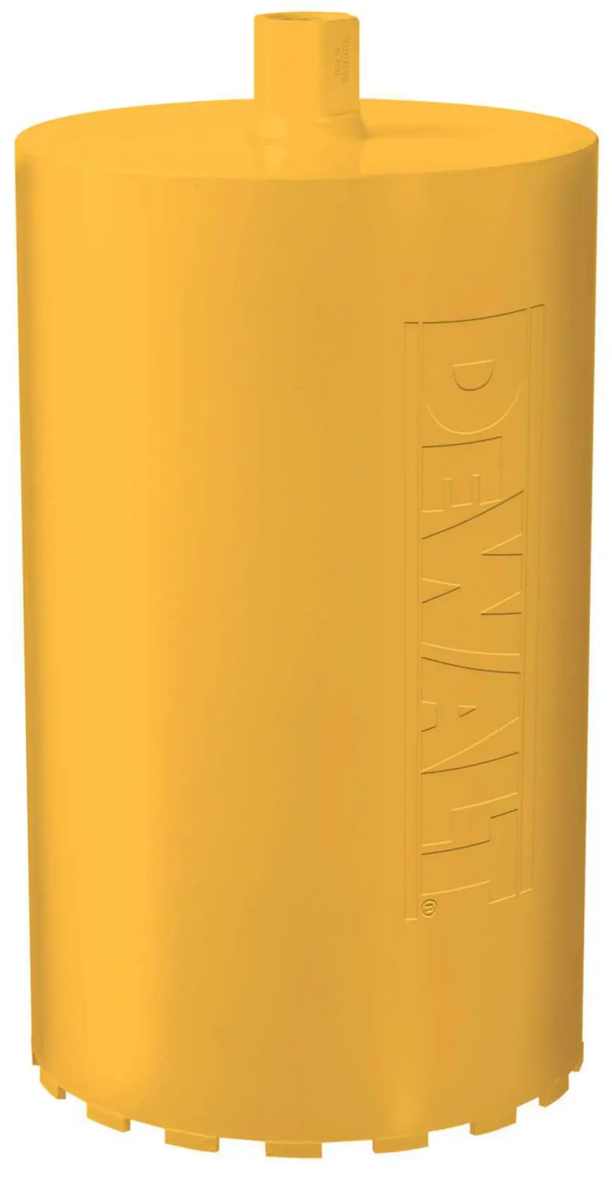 DEWALT DT9767 yellow cylindrical core drill bit with branded embossing, used for heavy-duty drilling applications.
