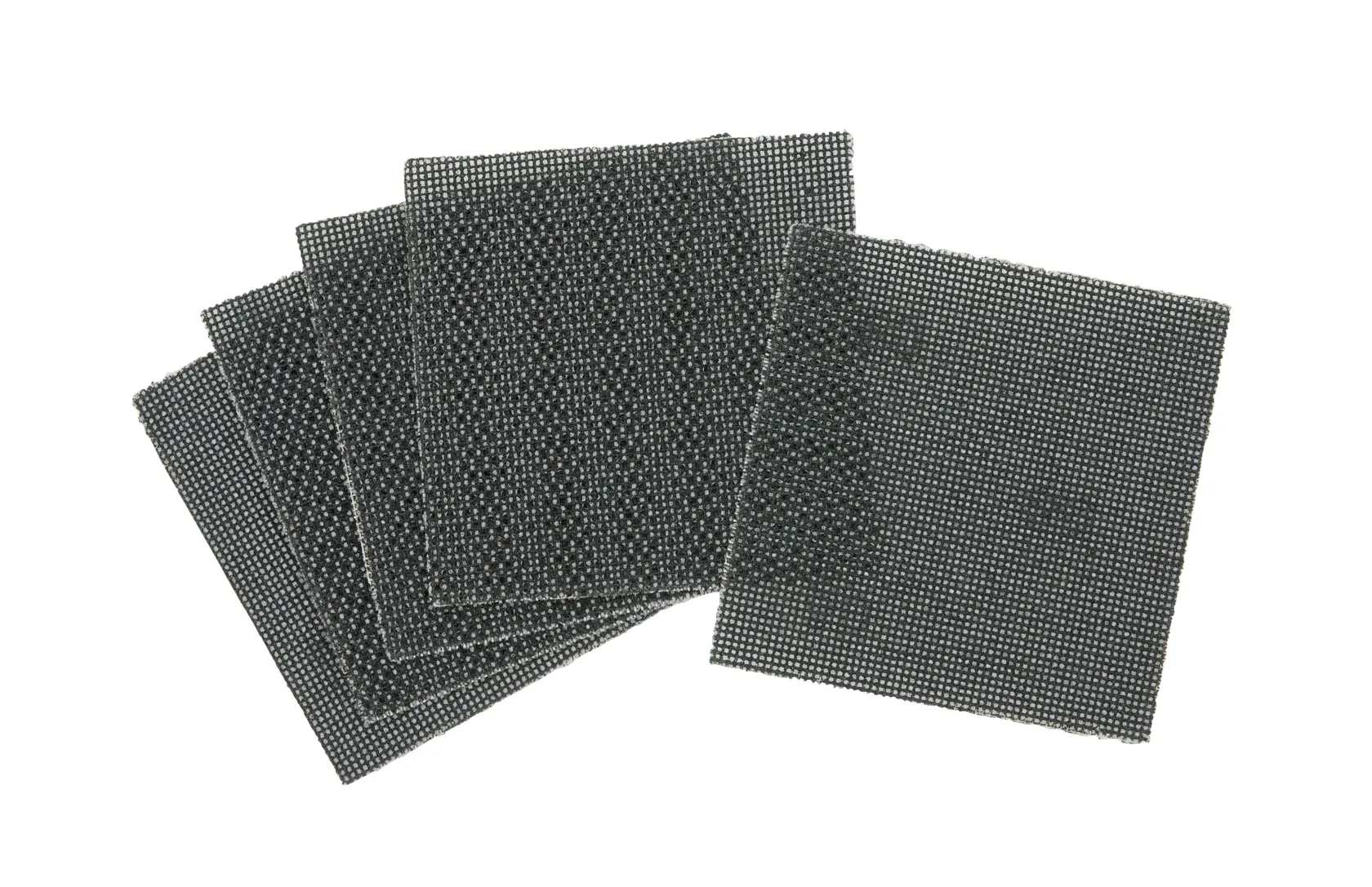 Five square mesh sanding sheets, black, arranged overlapping, displayed on a white background.
