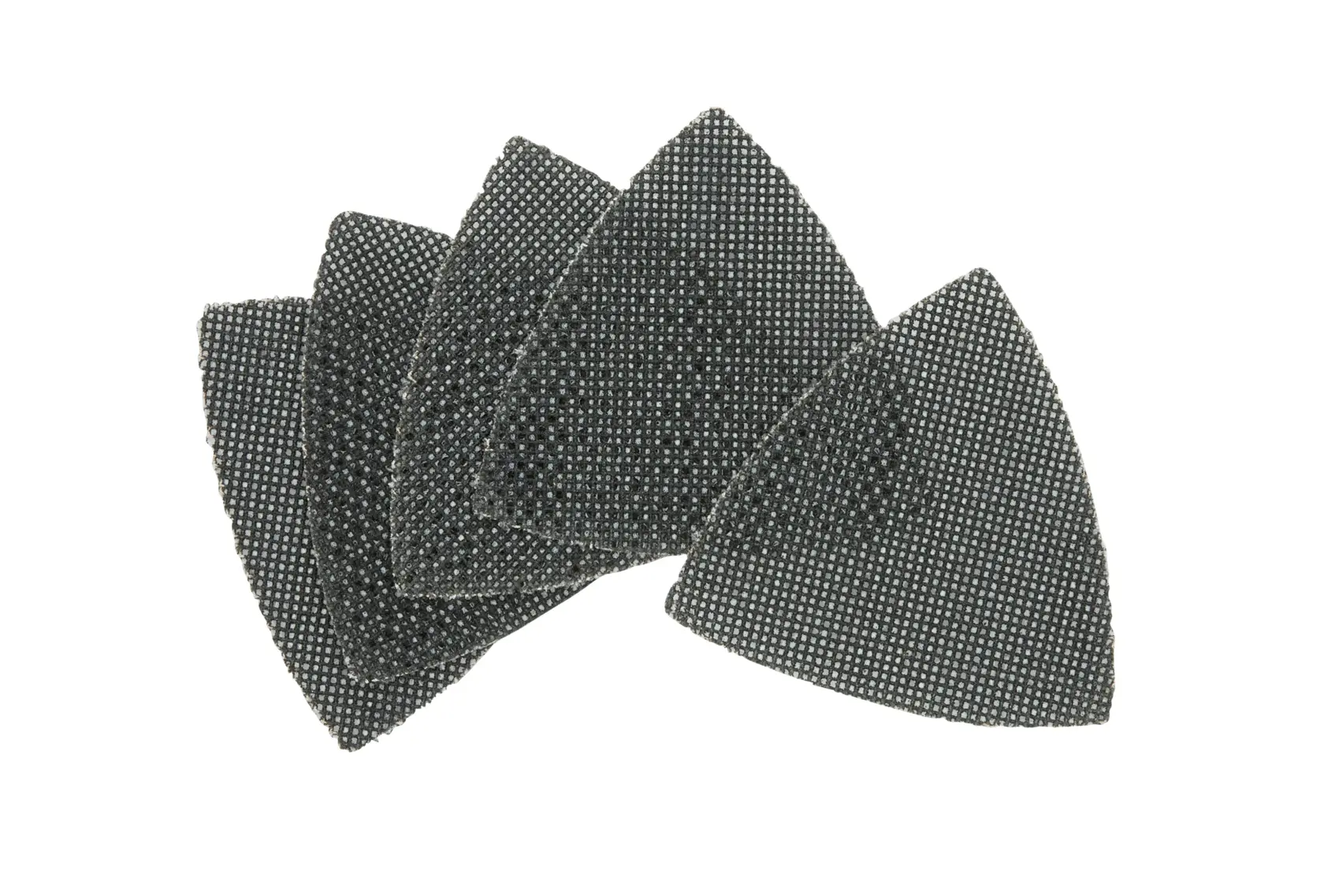 Set of five triangular mesh sanding sheets, black, for use with oscillating tools.
